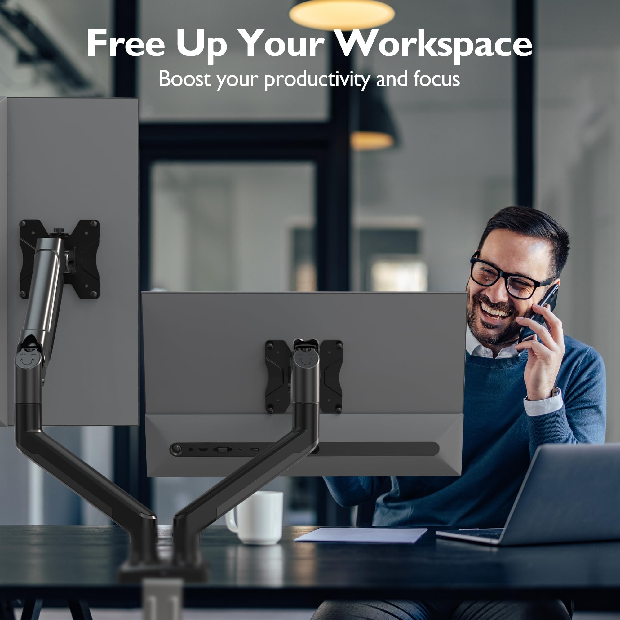 BONTEC Dual Monitor Stand - Adjustable Gas Spring Desk Mount for 13-32 Inch Screens, Full Motion VESA Mount with C Clamp & Grommet Base, Tilt Swivel Rotation, Each Arm Holds 6.6-19.8lbs - Perfect for Home Office, Gaming & Workspace Setup