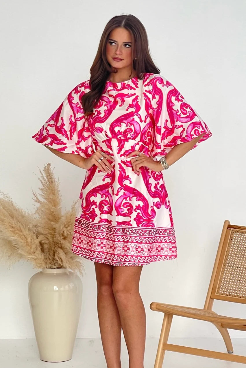 Britney Border Short Sleeve Mini Dress - Floral Summer Party Dress for Women (Pink) | Perfect for Beach Vacations, Date Nights & Outdoor Events