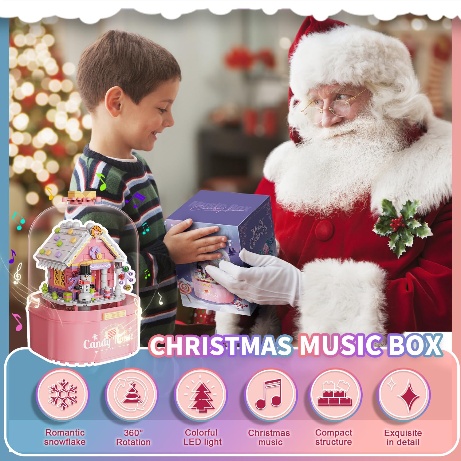 Pink Christmas Music Box Building Blocks Kit with LED Lights & Auto Snowfall - 8 Song Santa House Set, Compatible with Lego - Perfect Holiday Gift for Girls & Kids | Great for Christmas Decor, Playtime & Festive Gifting
