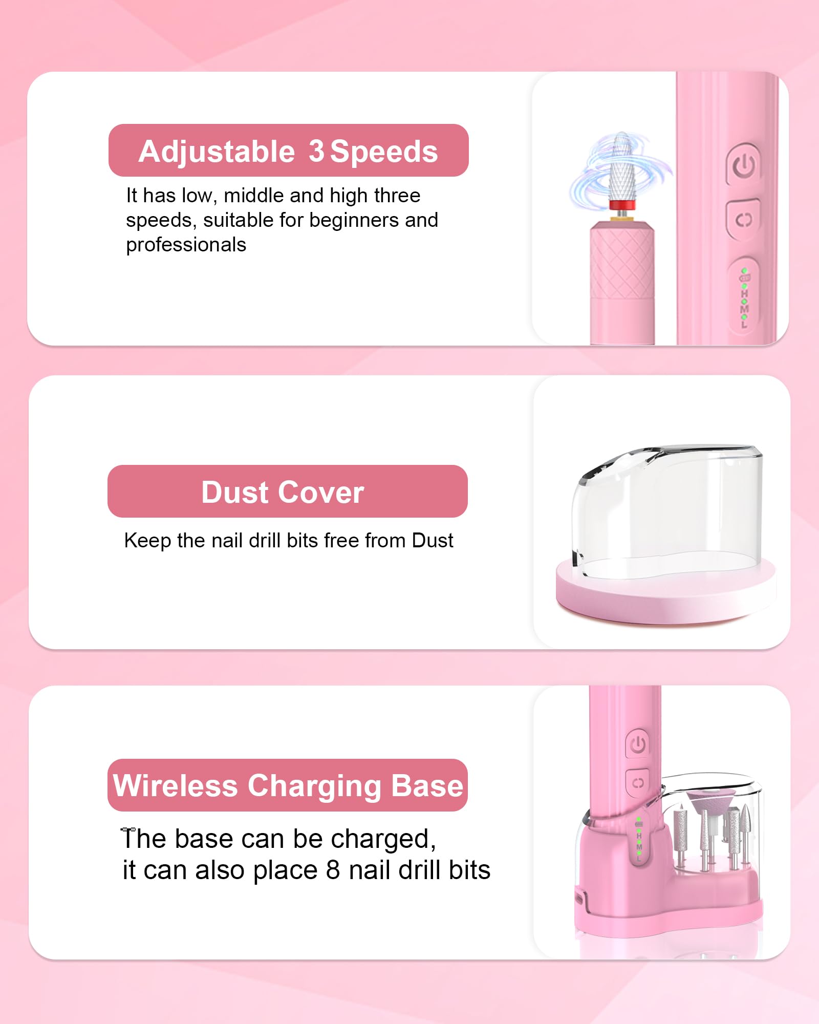 Professional Cordless Electric Nail Drill Kit - Rechargeable Portable Nail File Machine for Gel & Acrylic Nails, Home Salon Manicure Pedicure Tools (Pink) | Perfect for DIY Nail Art, Salon Professionals & At-Home Beauty Care