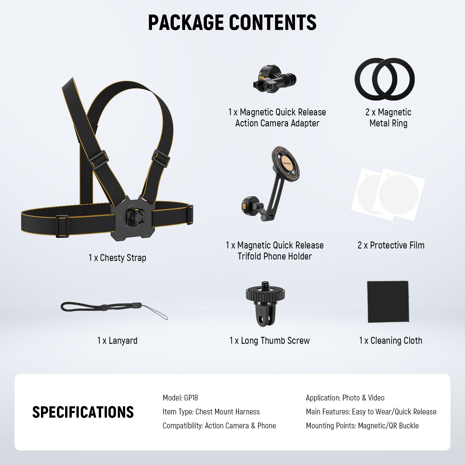 NEEWER GP18 Chest Mount Harness for Action Camera & Smartphone - Compatible with GoPro, DJI, iPhone - Perfect for Hiking, Cycling, Vlogging & Outdoor Adventures