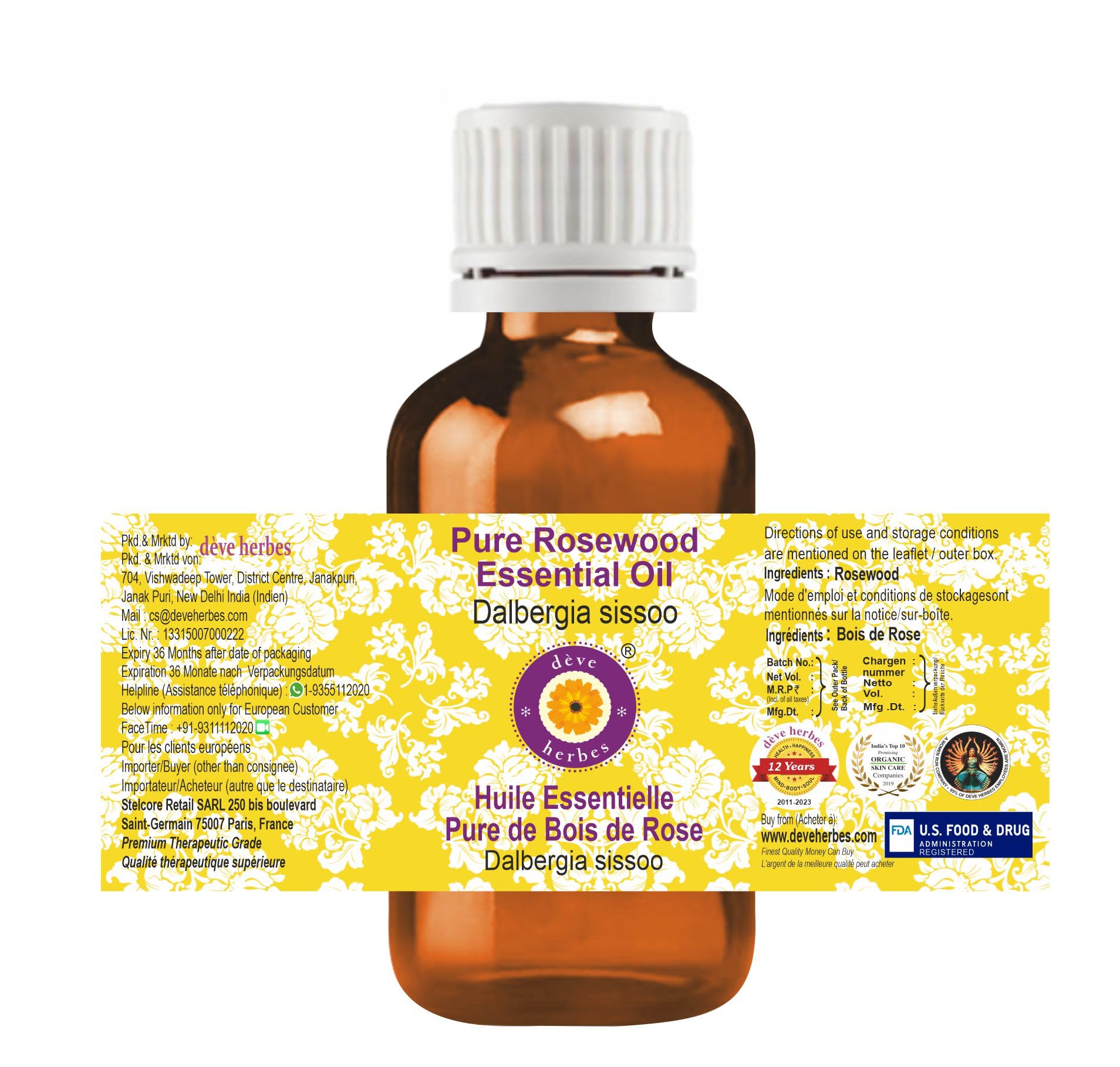 Pure Rosewood Essential Oil (Dalbergia sissoo) - 10ml Steam Distilled for Aromatherapy, Massage & DIY Skincare - Natural Relaxation & Stress Relief