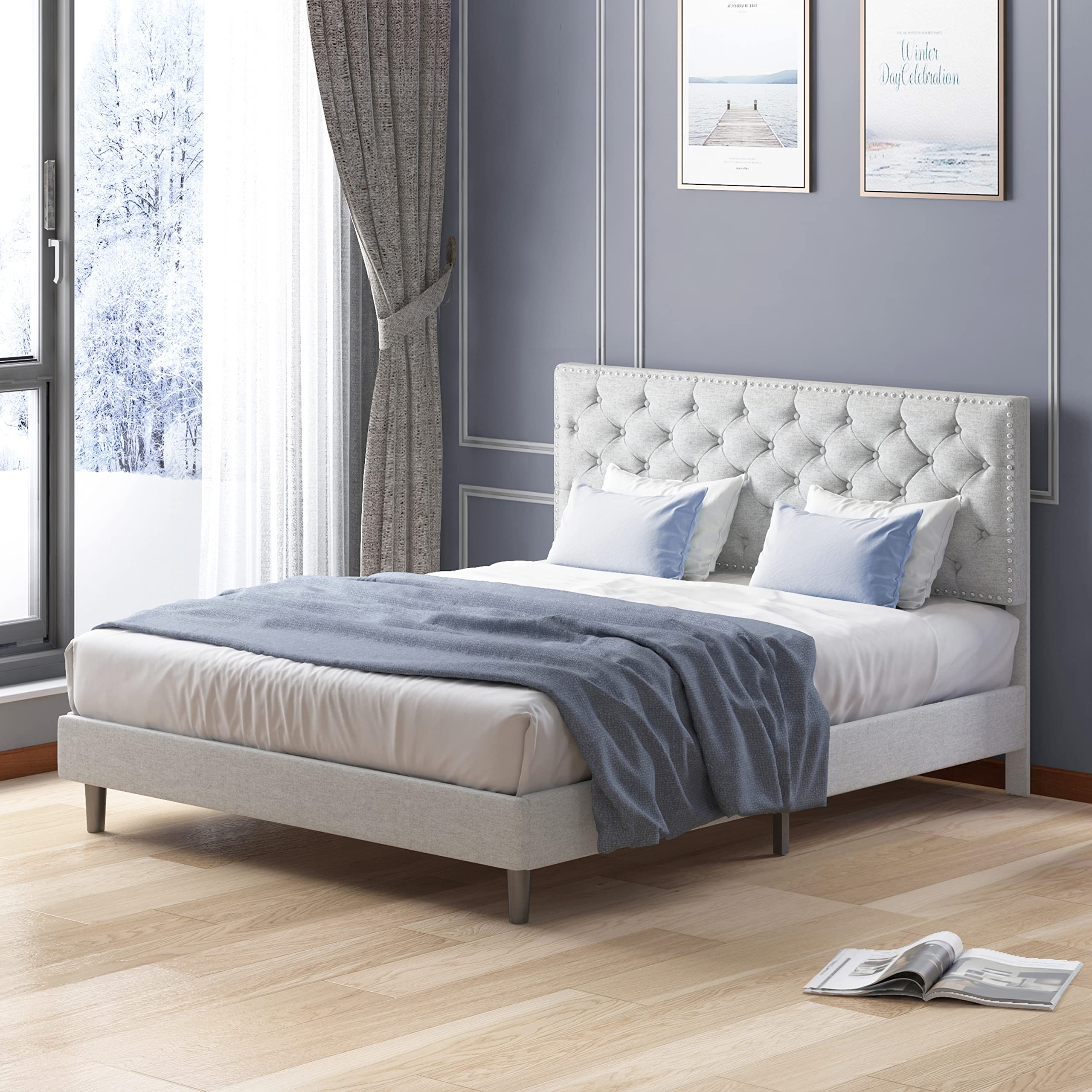 MJkone King Size Bed Frame with Adjustable Headboard - Upholstered Platform Bed with Wooden Slats, No Box Spring Required, Tufted Mattress Foundation for Bedroom (Light Grey) - Perfect for Master Bedrooms, Guest Rooms & Modern Home Decor