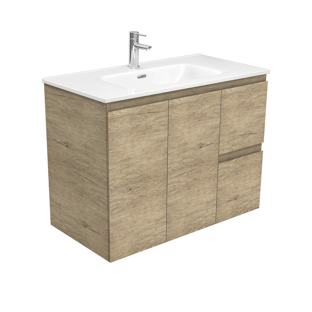 Fienza JOL90SL 900mm Wall Mounted Bathroom Vanity with Left Drawers - Scandinavian Oak Finish - Modern Space Saving Design for Small Bathrooms & Powder Rooms