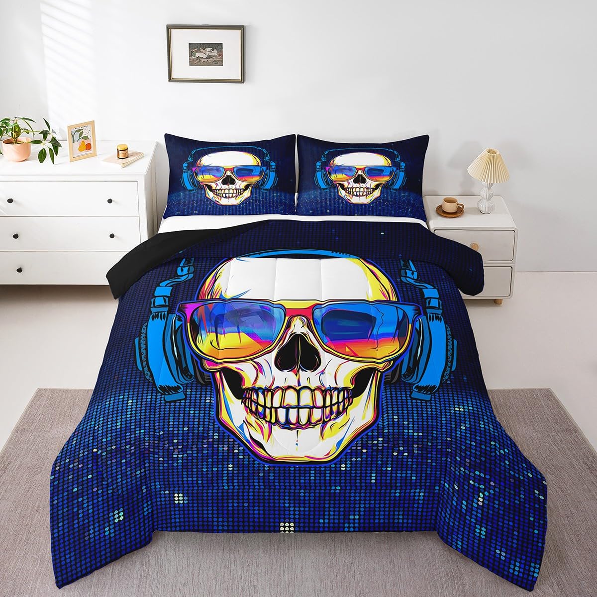 Erosebridal Punk Rock Skull Comforter Set - Gothic Music Theme Bedding for Teens & Boys, Black & Blue Queen Size Duvet Cover | Perfect for Rock Music Lovers' Bedroom Decor & Alternative Fashion Style