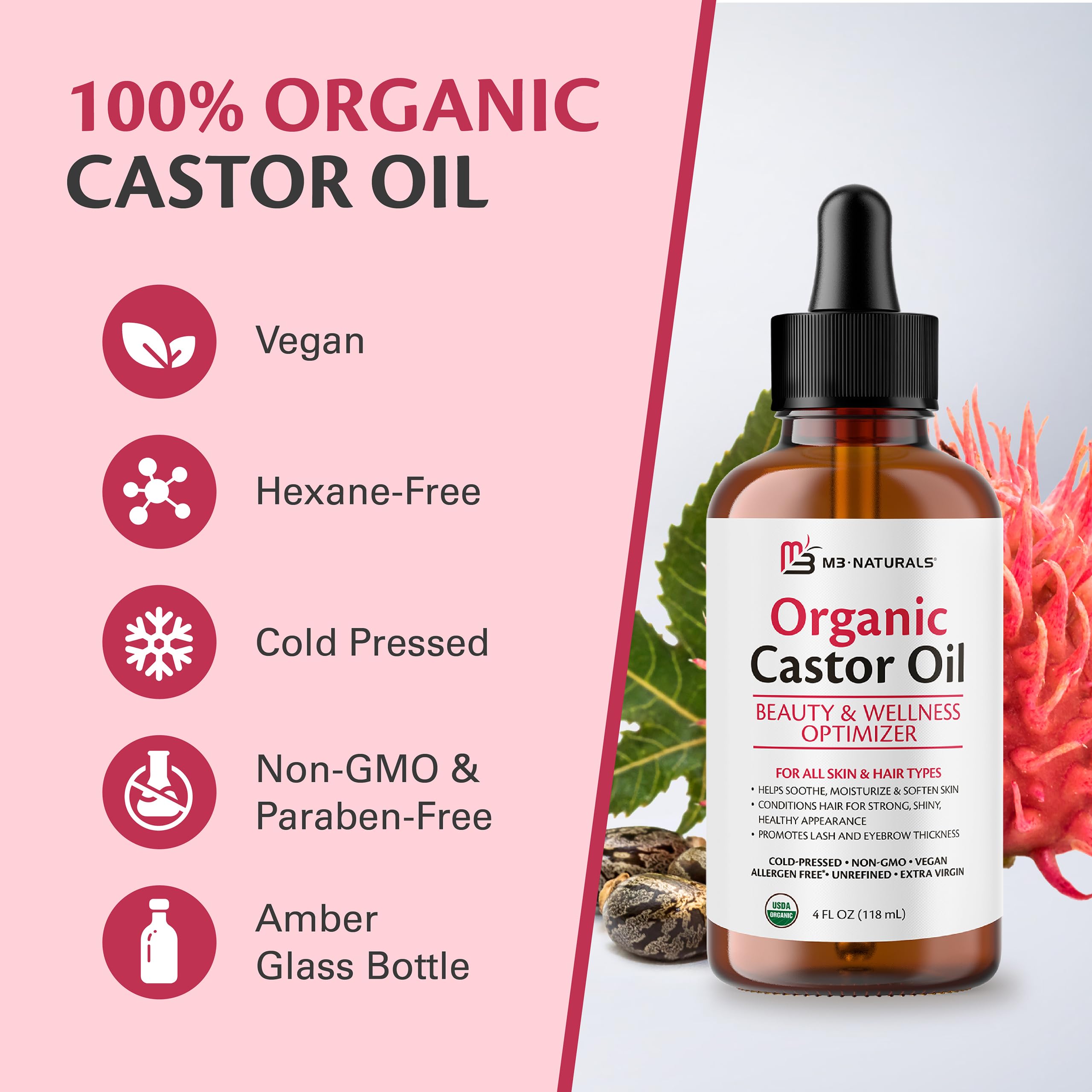 M3 Naturals 100% Pure Organic Cold-Pressed Castor Oil for Hair Growth, Eyelashes & Eyebrows | Hexane-Free Unrefined Natural Oil for Face & Skin Care | 4 fl oz Glass Bottle with Dropper | Promotes Thicker Hair & Healthy Skin | Perfect for Daily Hair Treatment, Beard Growth & Natural Moisturizer