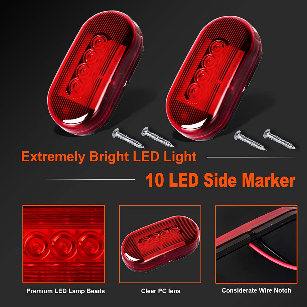 2Pcs 4x2 Inch Oval Red LED Side Marker Lights - 10 Diodes Waterproof Surface Mount Clearance Lights for RV, Trailer, Truck & Camper - Black Base - Perfect for Nighttime Visibility & Road Safety
