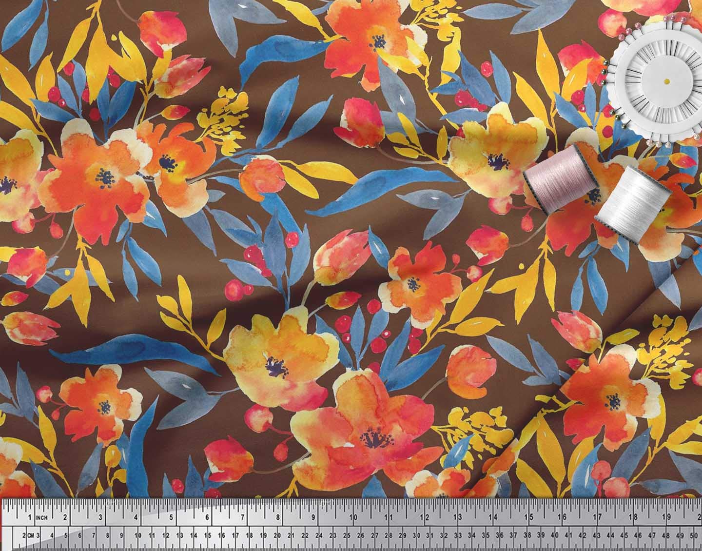 Soimoi Moss Georgette Brown Fabric by The Yard - 42 Inch Wide Printed Floral Fabric with Leaves Design - Nature-Inspired Elegant Fabric for Dresses, Blouses, Scarves & DIY Fashion Projects