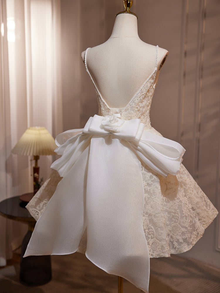 Elegant A-Line V-Neck Lace Champagne Short Prom Dress for Homecoming, Party, and Special Occasions - Perfect for Dances, Weddings, and Formal Events