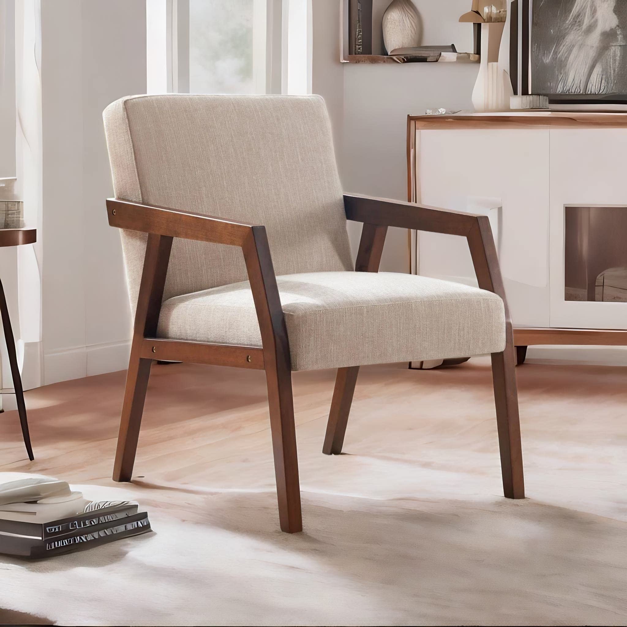 HUIMO Mid-Century Modern Accent Chair - Elegant Upholstered Wooden Armchair with Linen Fabric for Living Room, Bedroom, Office - Comfortable Lounge & Reading Chair (Brown) - Perfect for Relaxing, Reading & Home Decor