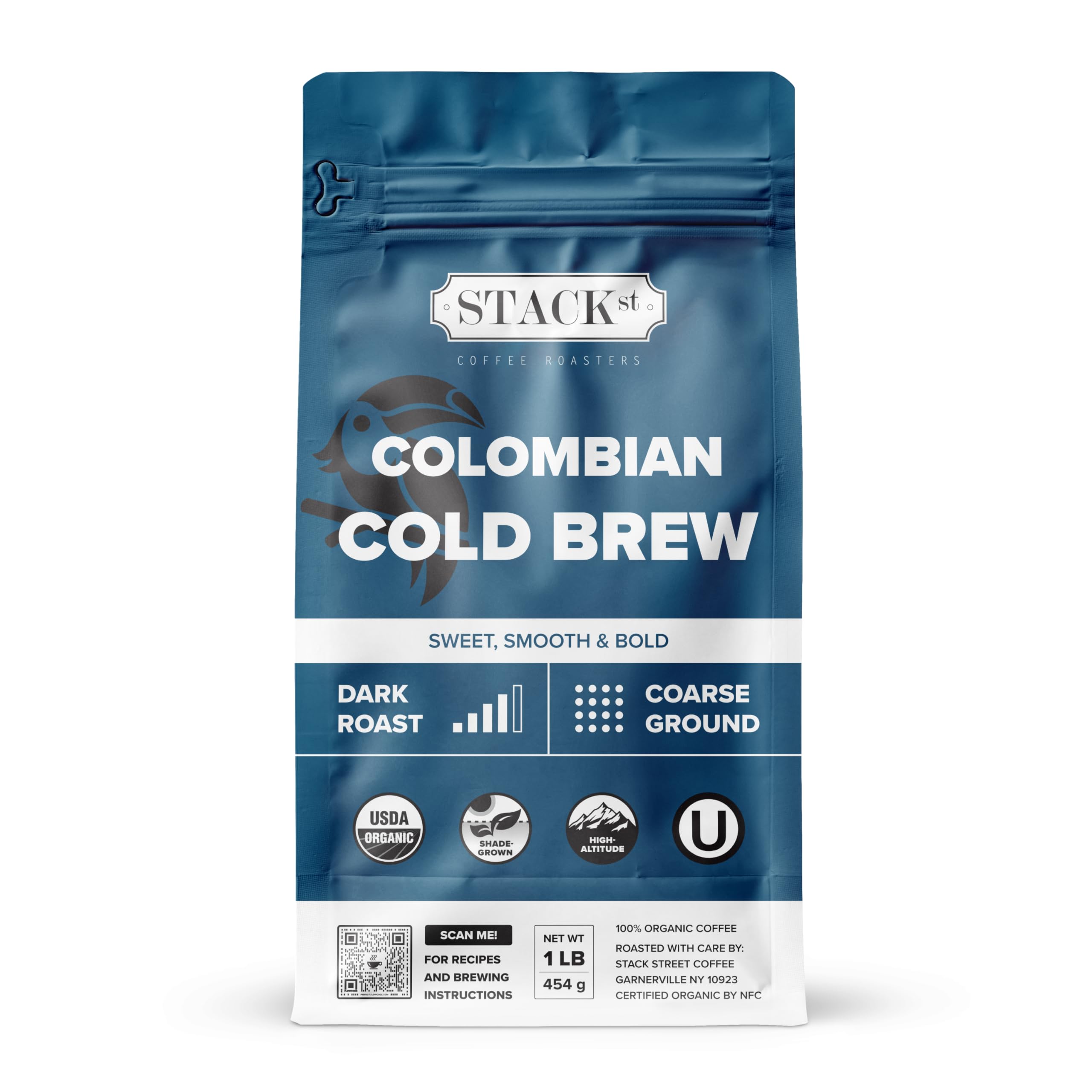 Organic Cold Brew Coffee Coarse Ground 1 LB - Colombian Supremo Reserve Dark Roast 100% Arabica Beans - Single Origin, Handcrafted, Micro Roast, Direct Trade - Perfect for Iced Coffee, French Press & Cold Brew at Home - By Stack Street