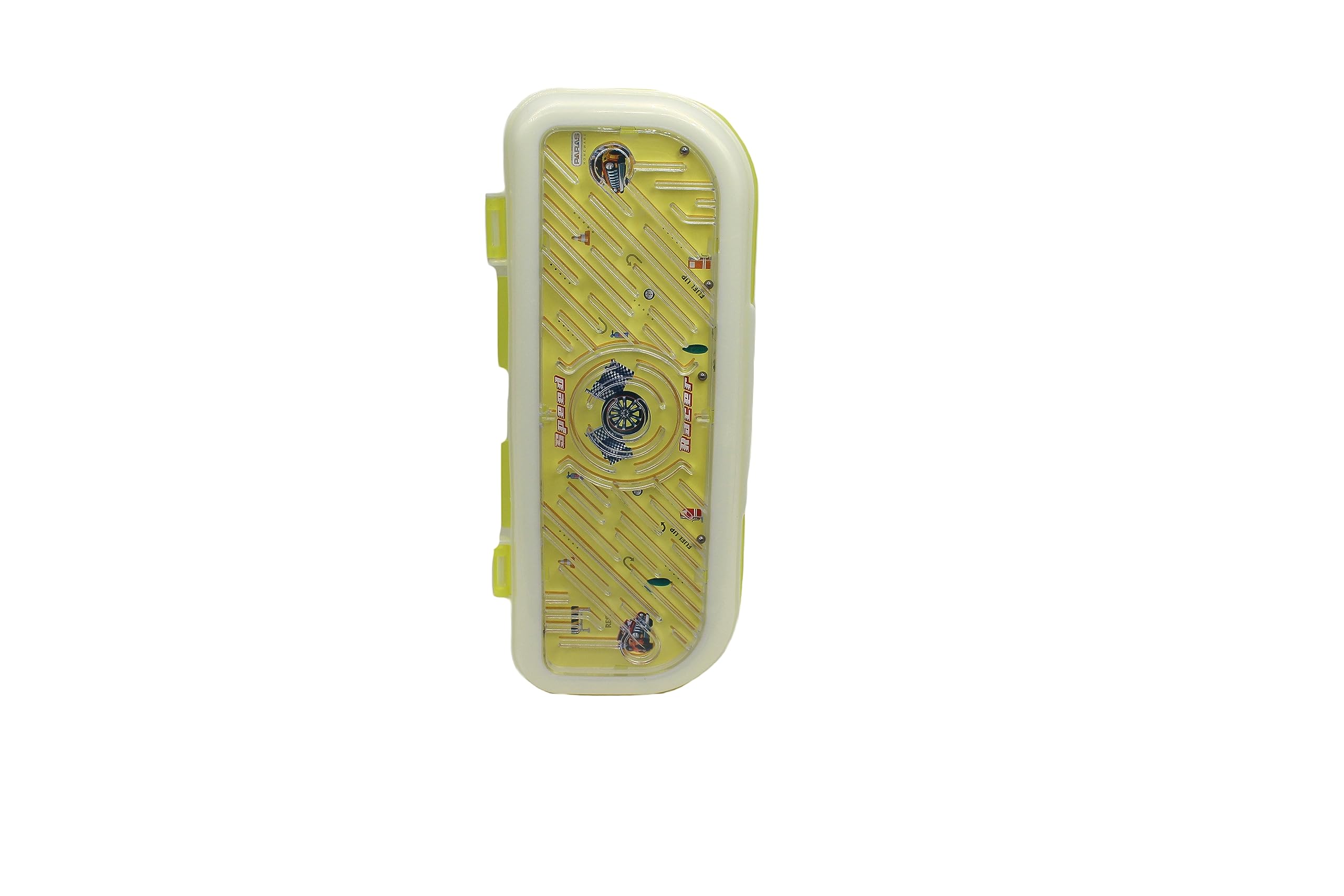NeoKiddo Toys Neoinsta Medium Plastic Iron Ball Racing Game - Dual Compartment School Pencil Box with Lock & Partition Tray | Geometry Stationery Organizer for Kids (Yellow) | Perfect for Classroom, Homework & Art Supplies Storage