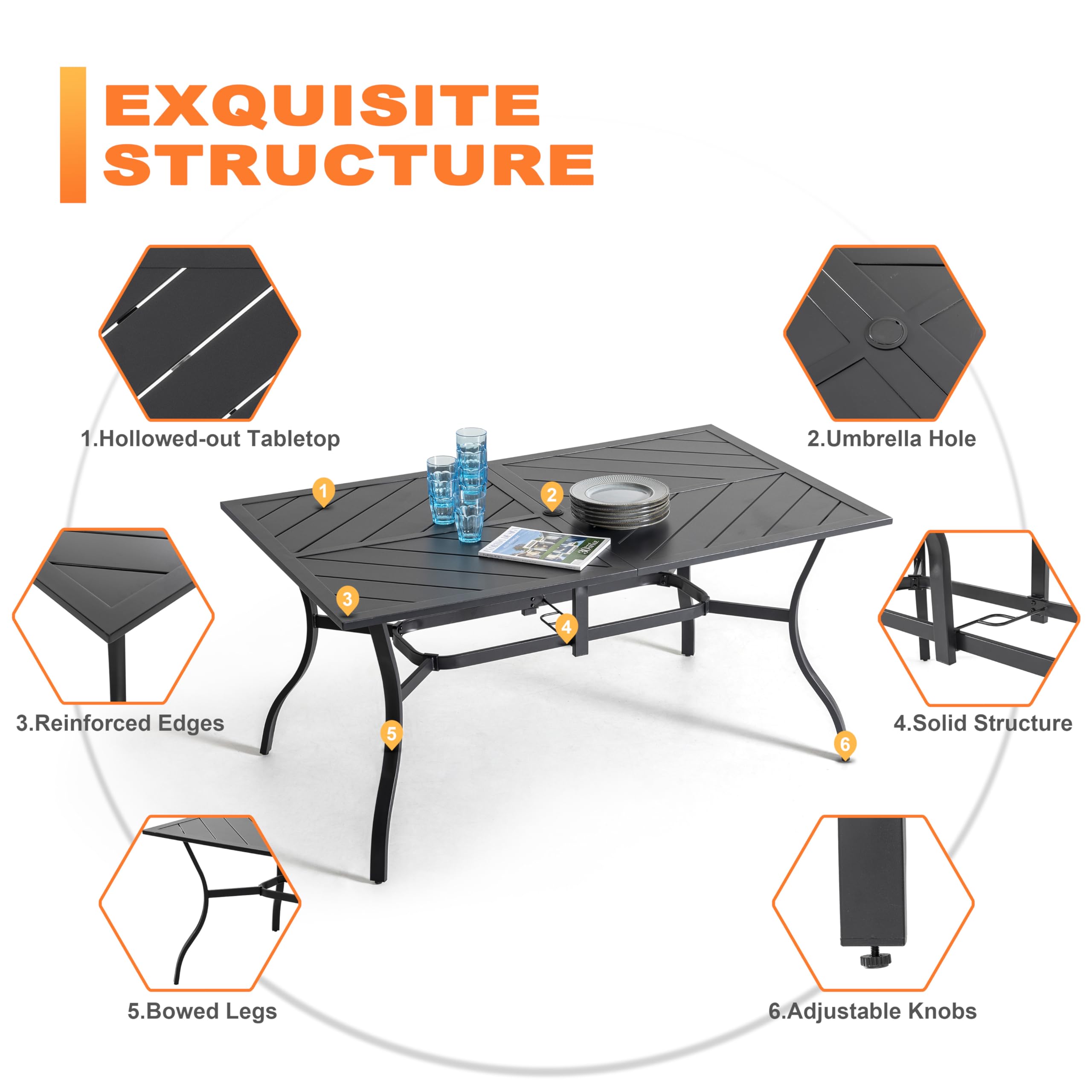 NUU GARDEN 6-Person Outdoor Dining Table - All-Weather Patio Table with Umbrella Hole - Heavy Duty 150 LBS Capacity - Black Bistro Table (61x37x29 inches) - Perfect for Backyard, Garden, Poolside & Outdoor Entertaining