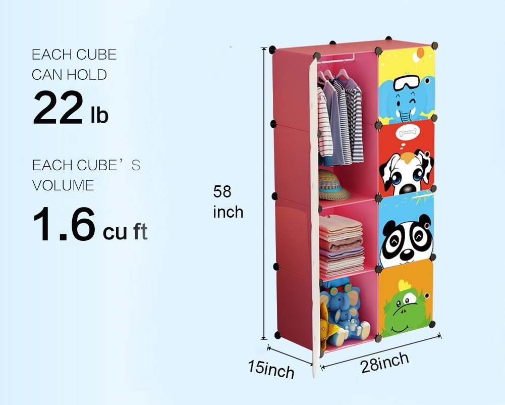 MAGINELS Kids Wardrobe Closet with Door - 8 Cube Storage Organizer for Baby Girl & Children (14x14 Inch, Pink) | Portable Dresser for Bedroom, Nursery & Playroom Clothes Organization
