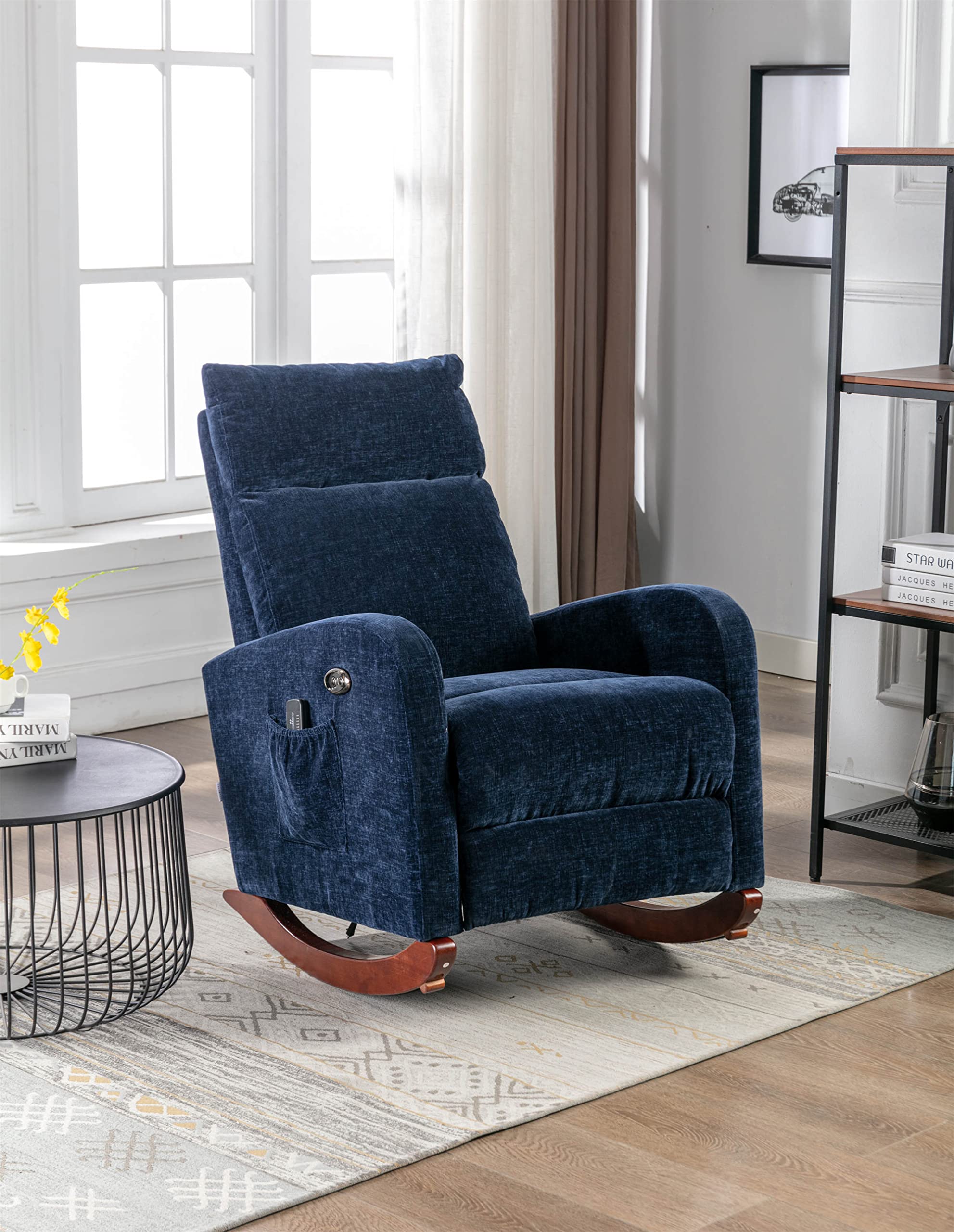 Modern Accent Rocking Chair with Side Storage Pocket - High-Back Lounge Armchair with Solid Wood Base - Perfect for Living Room, Office, Nursery & Porch - Navy Blue | Cozy Reading Nook & Relaxation Chair