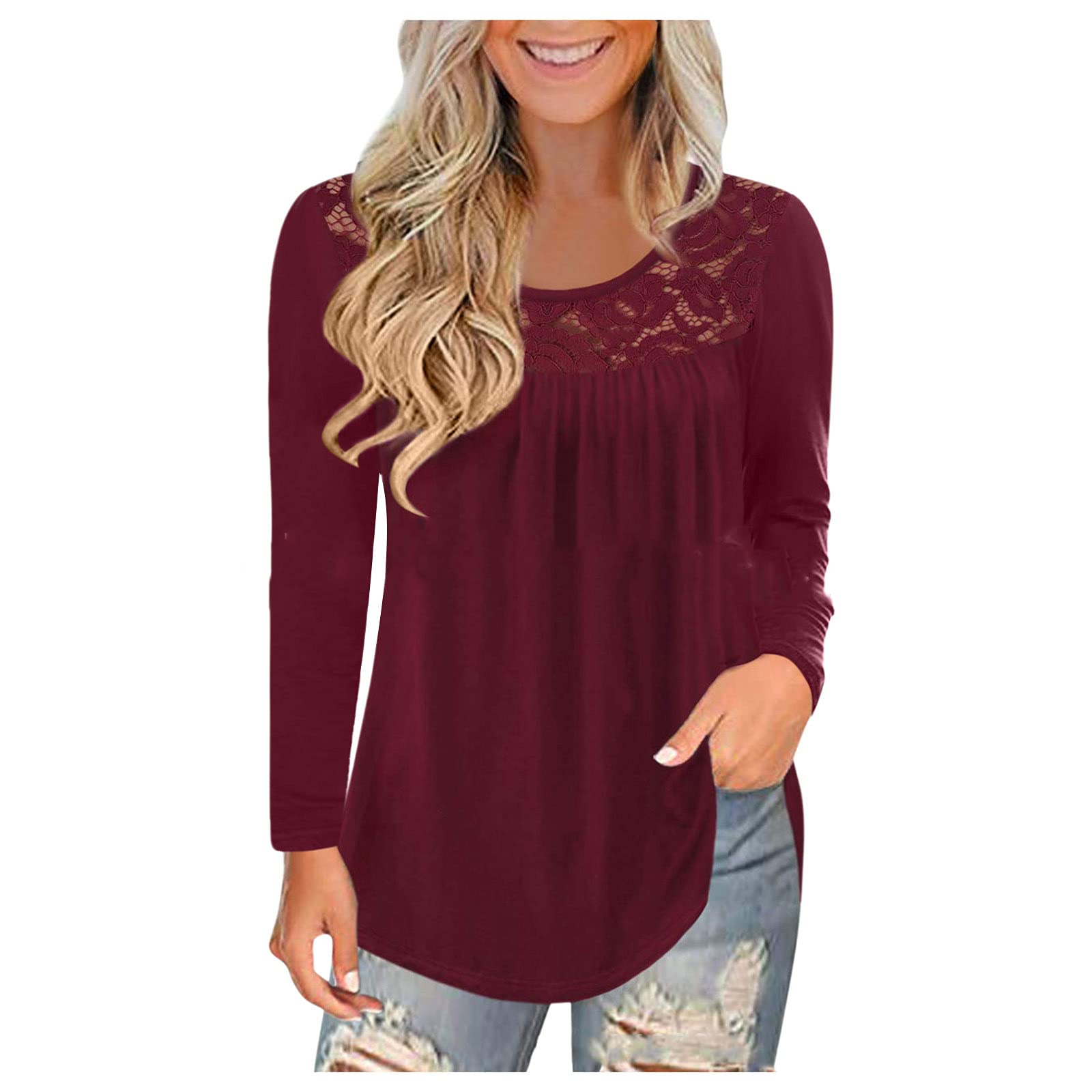 SERYU Women's Plus Size Long Sleeve Lace Pleated Tunic Blouse - Elegant Flowy Top for Work, Office, Party & Special Occasions