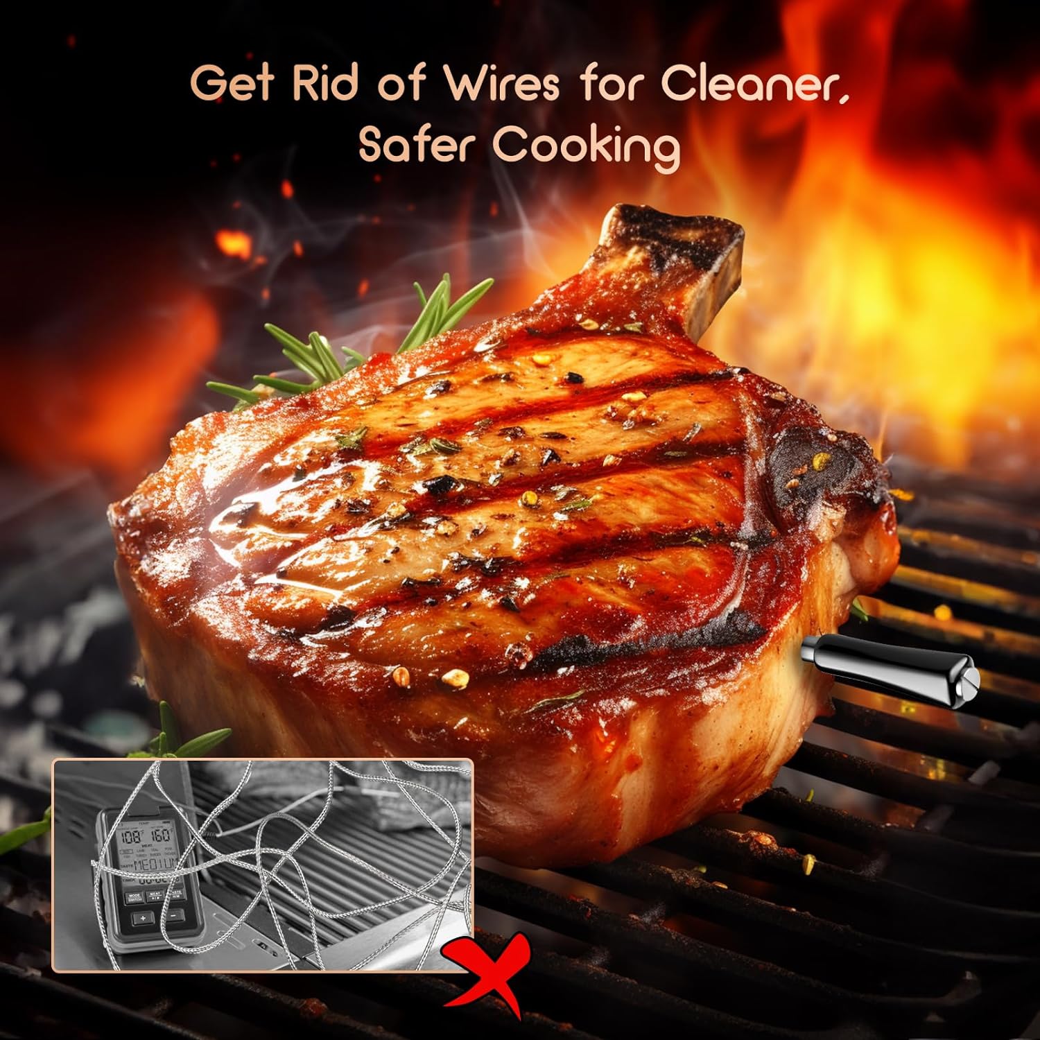 Wireless Bluetooth Meat Thermometer for Grilling, Smoking & BBQ - INT 11P B - Perfect for Steak, Chicken, Turkey & Outdoor Cooking