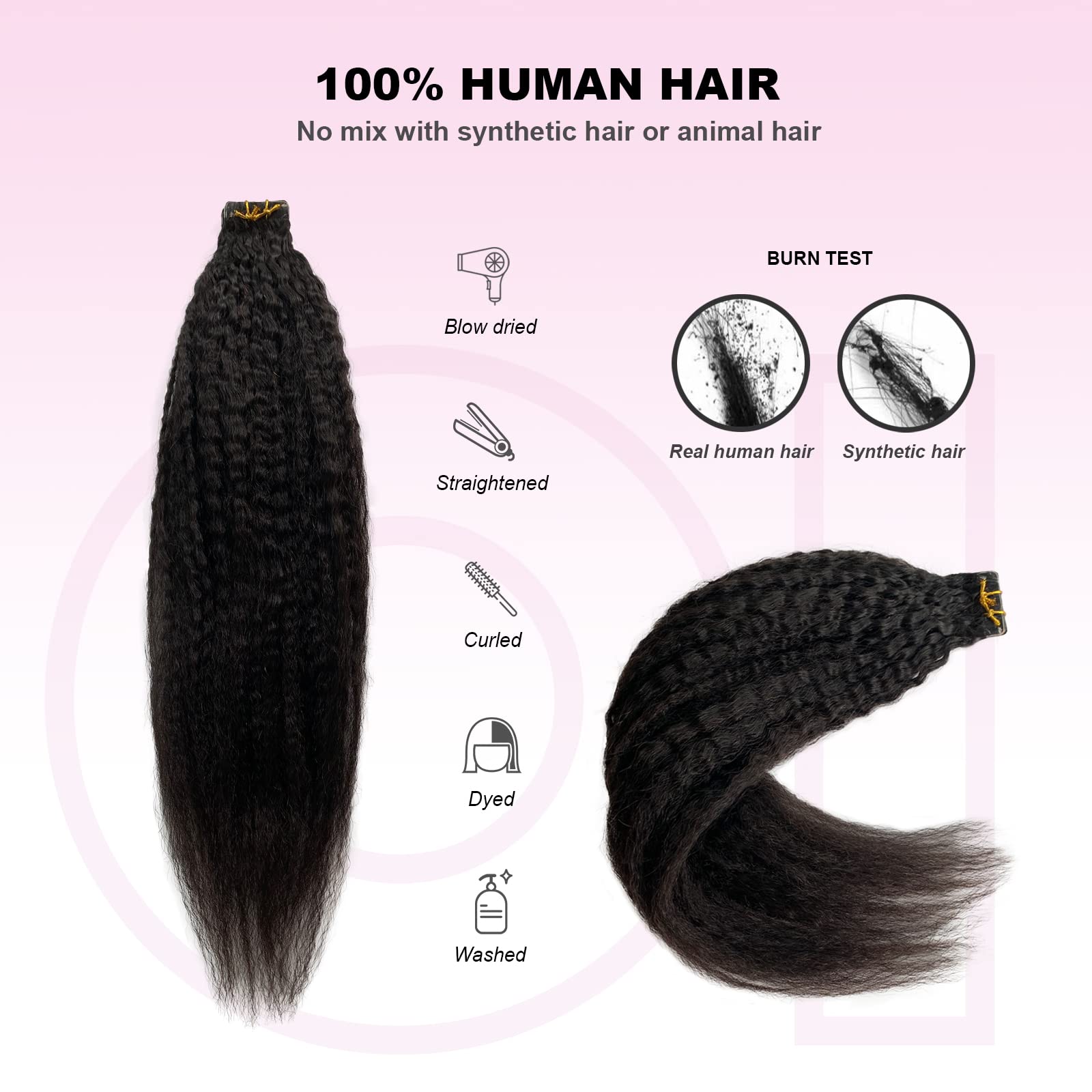 Natural Black Tape in Hair Extensions 24 Inch - 20 Pieces 50g Brazilian Kinky Straight Human Hair for Black Women | Soft & Shiny | Perfect for Daily Styling, Special Occasions & Protective Hairstyles