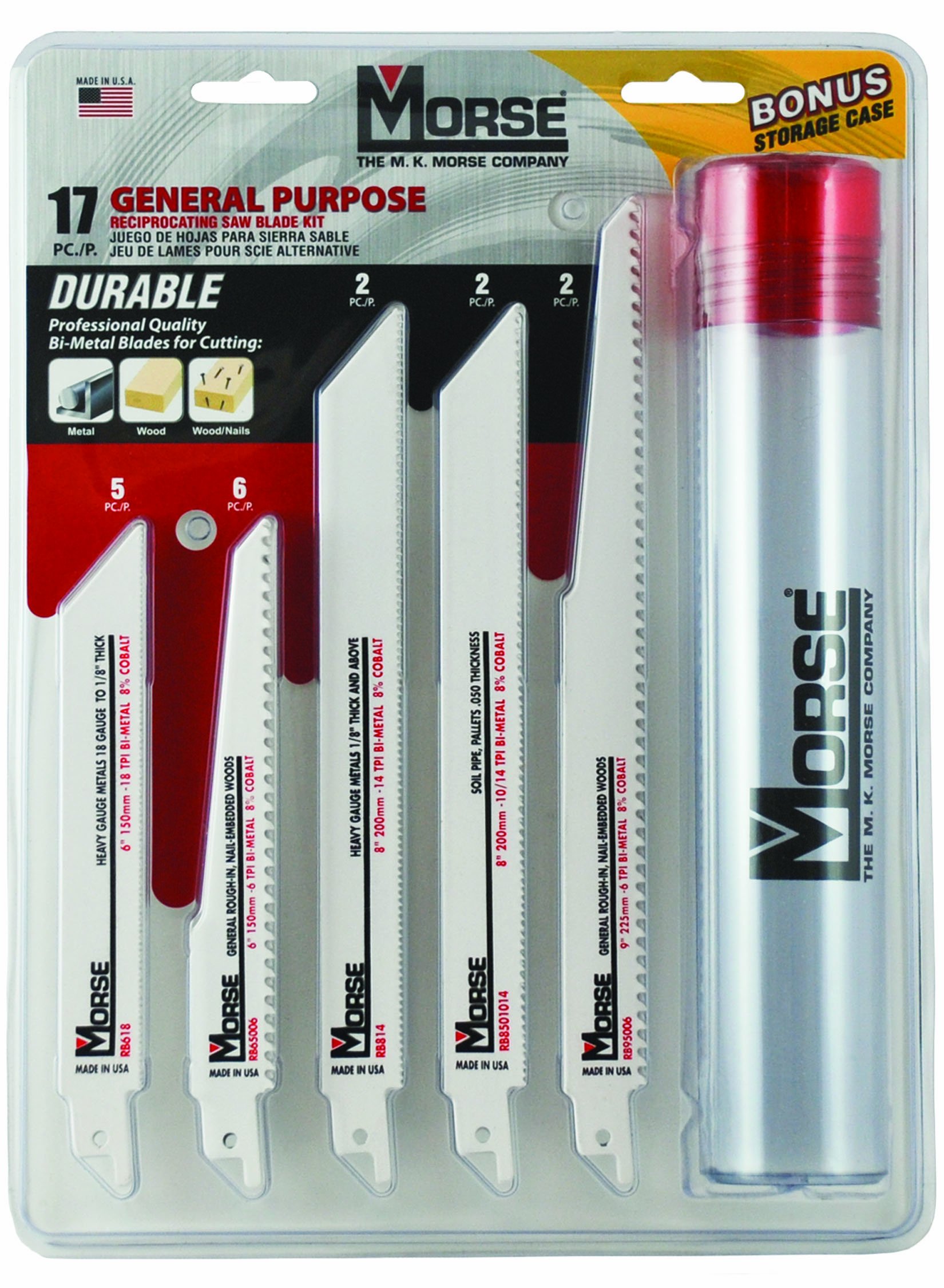Mk Morse RBKITGP01 17-Piece General Purpose Reciprocating Saw Blade Set with Storage Case - Multi-Purpose Cutting Blades for Wood, Metal & Plastic - Ideal for DIY, Construction & Home Renovation Projects