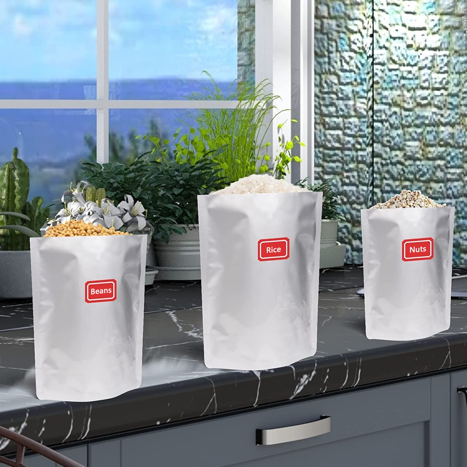 50 Pack 7.8 Mil 4''x6'' Mylar Bags for Long-Term Food Storage - Resealable, Smell Proof & Heat Sealable Stand-Up Foil Pouch Bags with 50 Labels - Perfect for Tea, Coffee, Herbs, Spices & Dry Food Storage - Ideal for Home, Camping & Emergency Preparedness