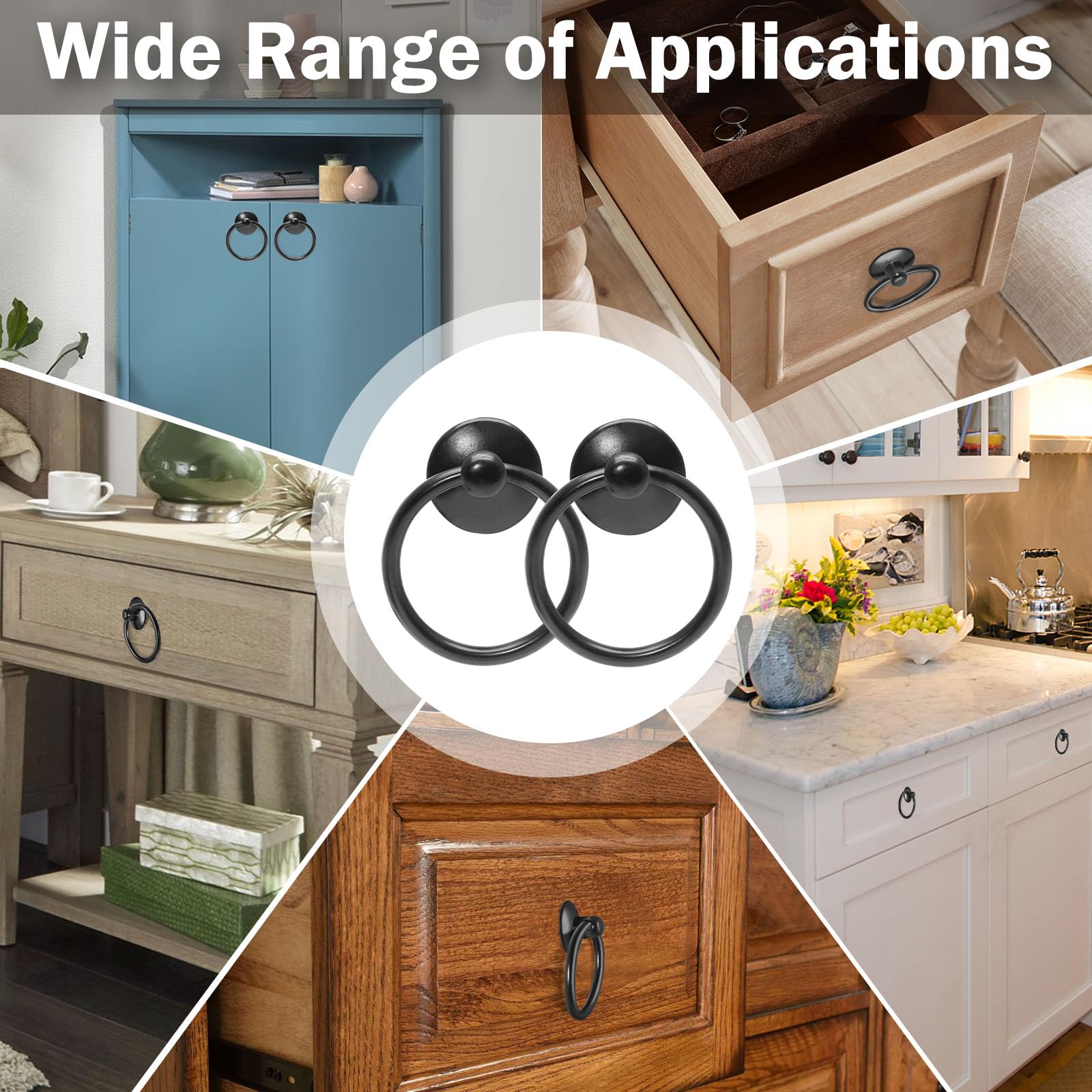 12-Piece Black Drop Ring Drawer Pulls - Vintage Cabinet Ring Handles - Solid Metal Drawer Knobs for Dressers, Cabinets & Cupboards - Perfect for Home Renovation & Furniture Upgrade