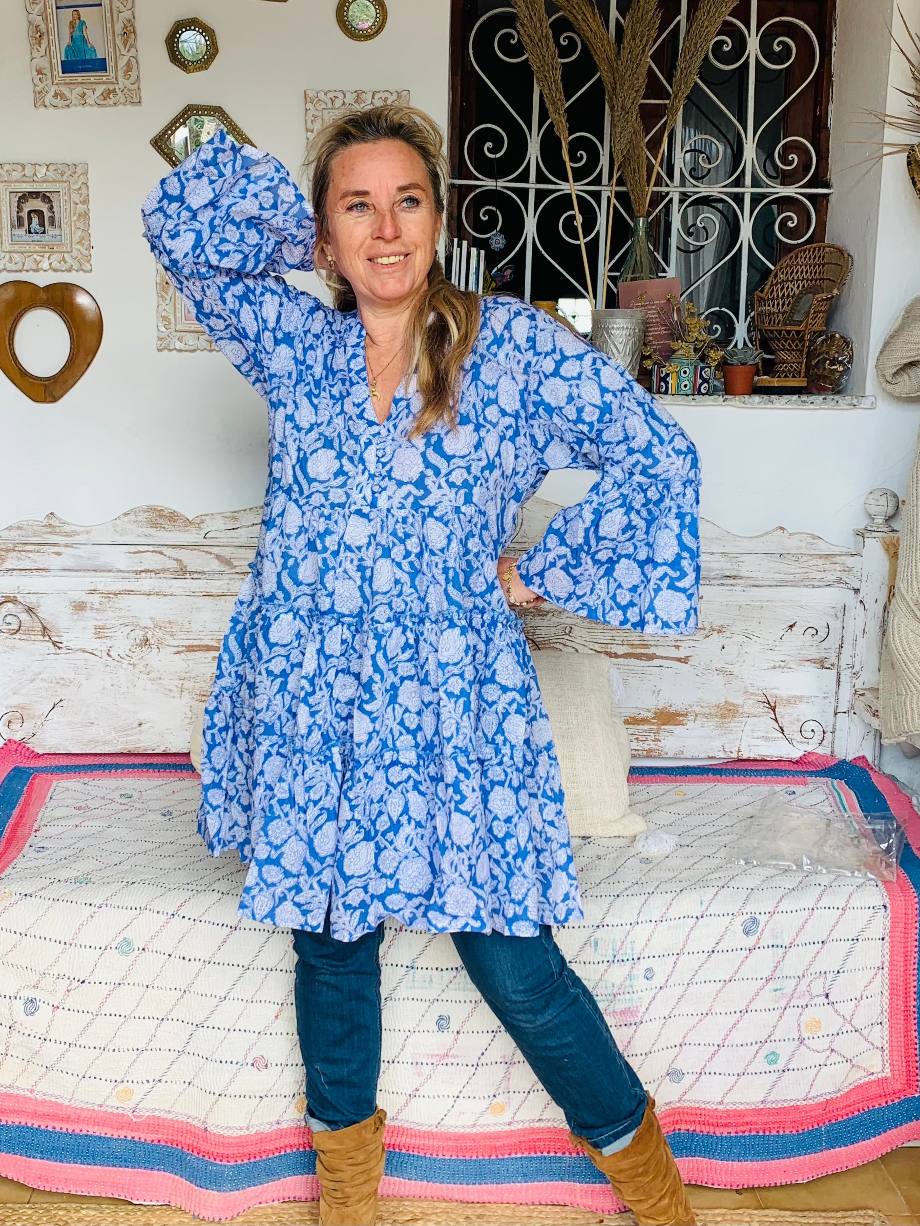 Blue Floral Geo Print Short Dress - Stylish Summer Casual Outfit for Beach, Picnic & Date Night