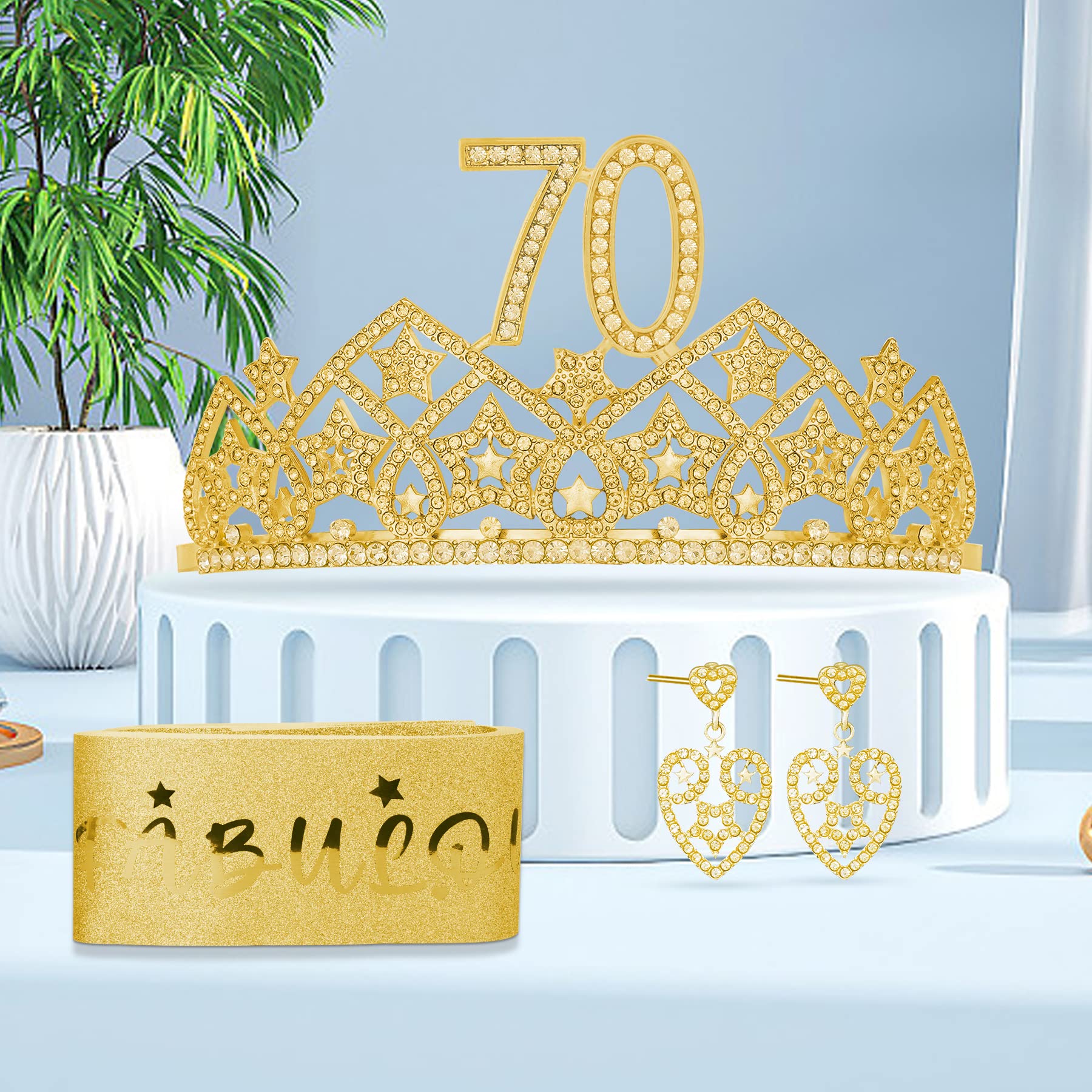 70th Birthday Party Decorations Set - Gold Crown, Tiara & Sash for Women - Happy 70th Birthday Gifts & Celebration Supplies - Perfect for Milestone Birthday Parties, Retirement Celebrations & Special Occasions