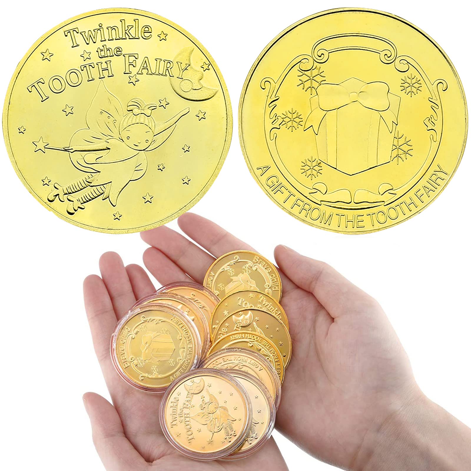 10PCS Tooth Fairy Coins - Golden Plated Metal Coins for Lost Teeth Reward, Kids Tooth Change Souvenir & Dentist Gifts | Perfect for Christmas, Tooth Fairy Traditions & Dental Office Rewards