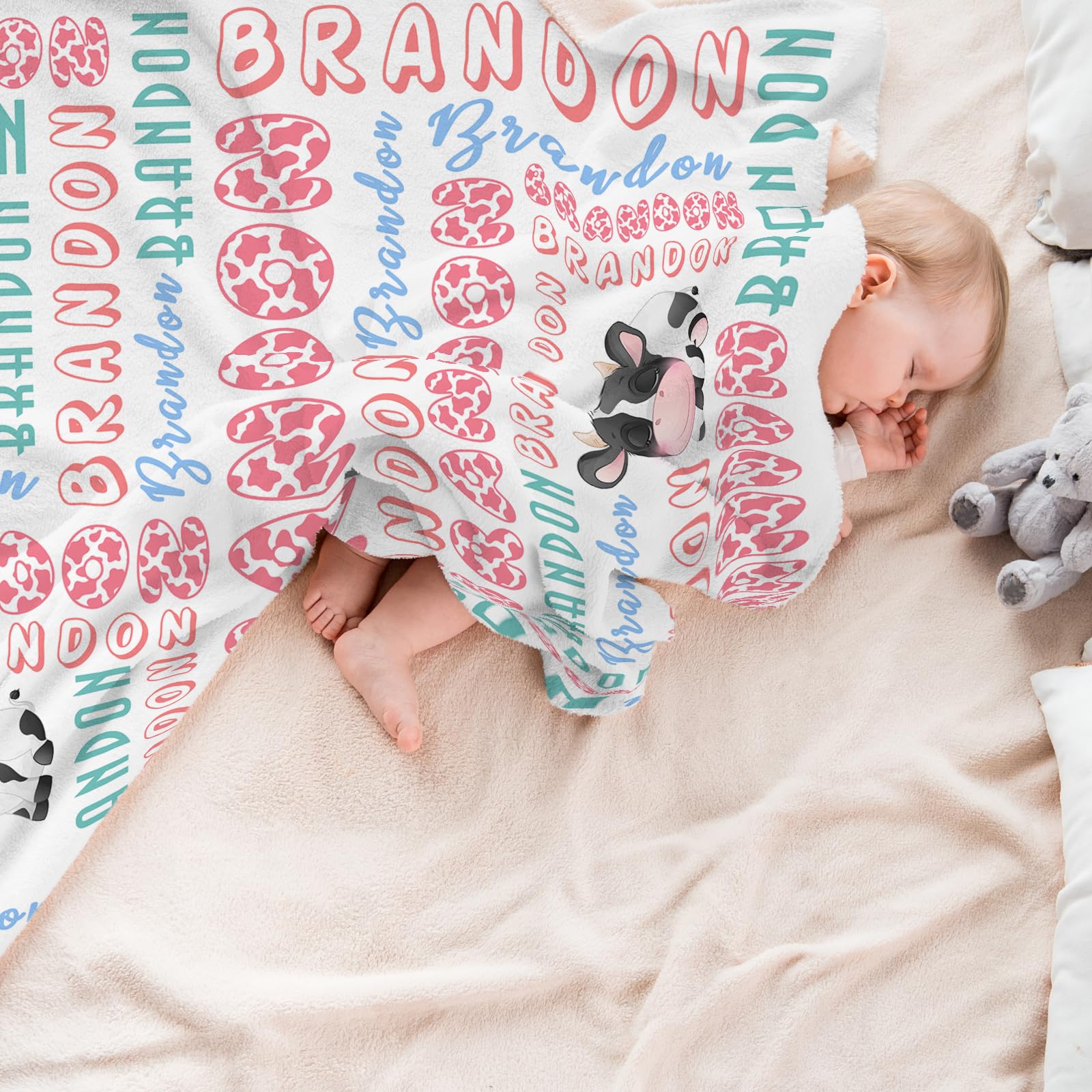 Artsadd Personalized Cow Print Fleece Blanket - Custom Name Baby Blanket for Girls & Boys | 30