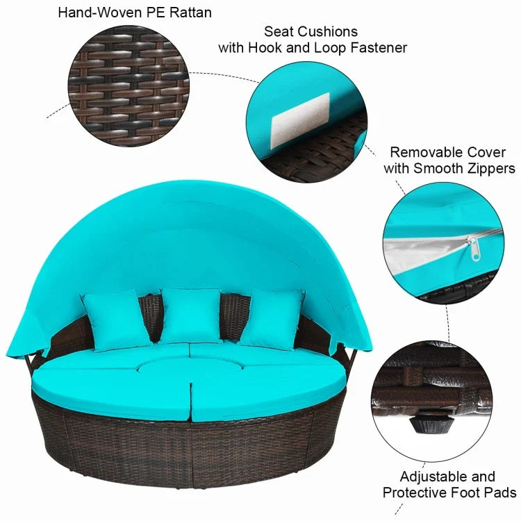 Turquoise Rattan Patio Daybed with Retractable Canopy & Adjustable Coffee Table - Outdoor Lounge Furniture for Poolside, Garden or Backyard Relaxation