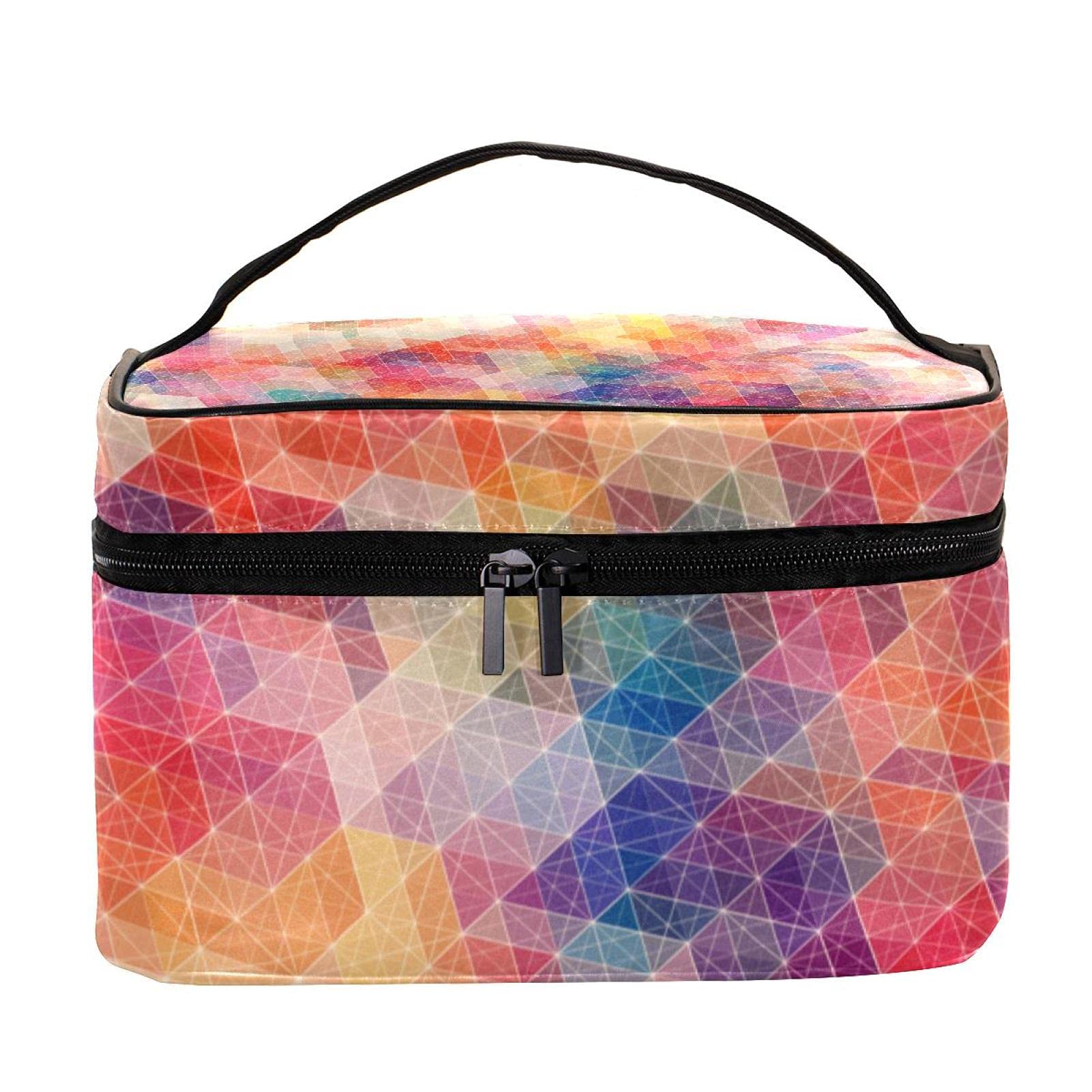 Vibrant Geometric Cube Print Large Travel Makeup Bag - Waterproof Cosmetic Organizer with Zipper for Women & Girls | Perfect for Vacation, Gym, Daily Essentials Storage