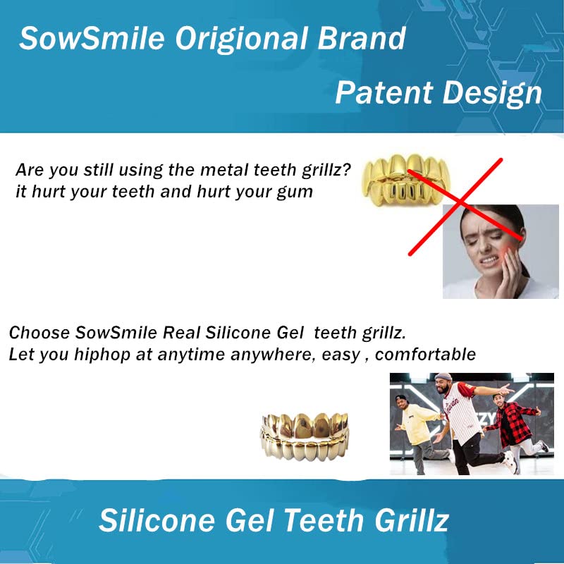 SowSmile 24K Gold Plated Silicone Gel Grillz - Custom Fit Gold Teeth Covers for Men & Women | Hip Hop Jewelry, Rap Style Accessories | Perfect for Concerts, Parties & Photo Shoots