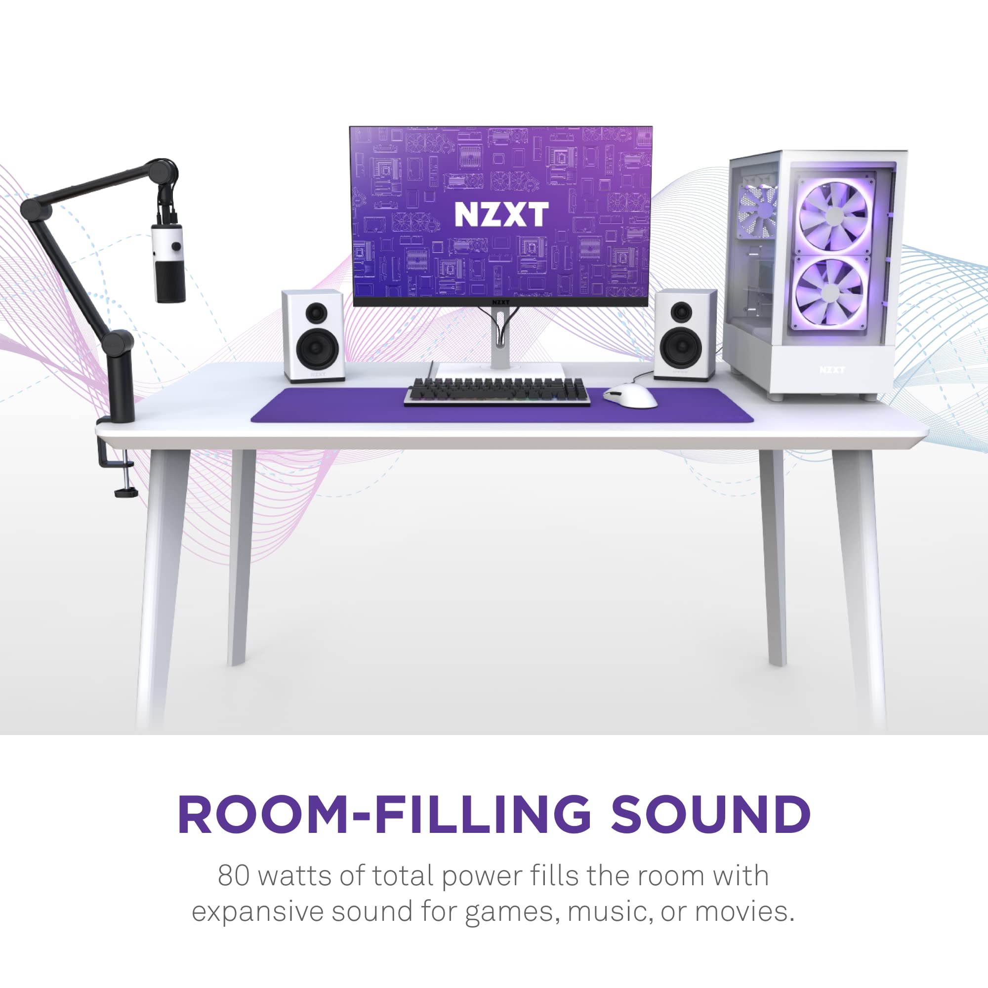 NZXT Relay PC Gaming Desktop Speakers - 80W Bookshelf-Style Design with Silk Dome Tweeters & Glass Fiber Woofers - High Dynamic Range Audio for Gaming, Music & Movies - White MDF Construction (AP-SPKW2-UK) - Perfect for Home Office, Gaming Setup & Multimedia Entertainment