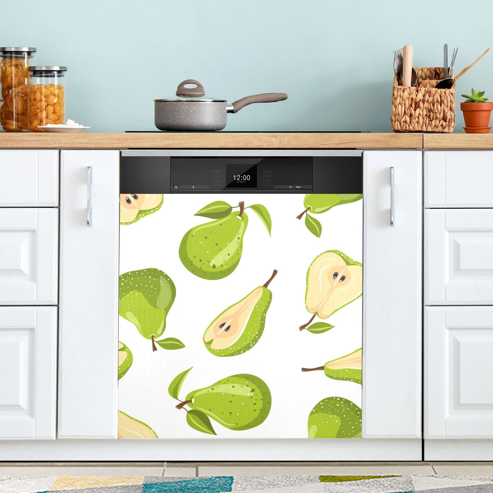 Green Pear Fruit Pattern Dishwasher Magnet Cover - Easy Update Magnetic Sticker for Refrigerator & Appliances - 23x26 Inch Home Decor for Kitchen Cabinet, Dishwasher Door & Washer Panel - Perfect for Modern Kitchen, Laundry Room & Home Renovation