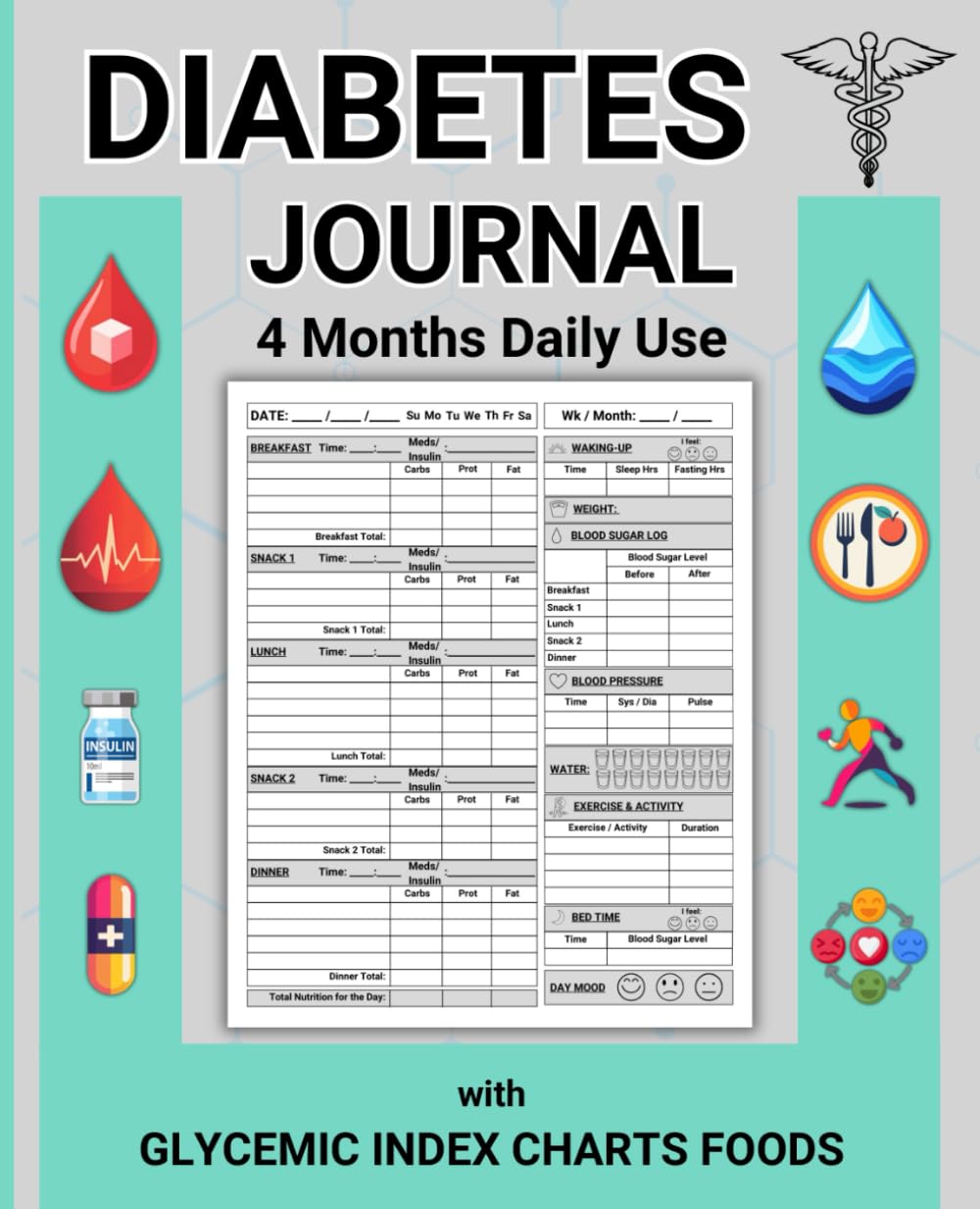 Blood Sugar Log Book - Daily Diabetes Journal to Track Blood Glucose, Blood Pressure, Food, Nutrition, Water, Insulin & Medication | 4-Month Health Tracker for Diabetics | Perfect for Home & Clinic Use