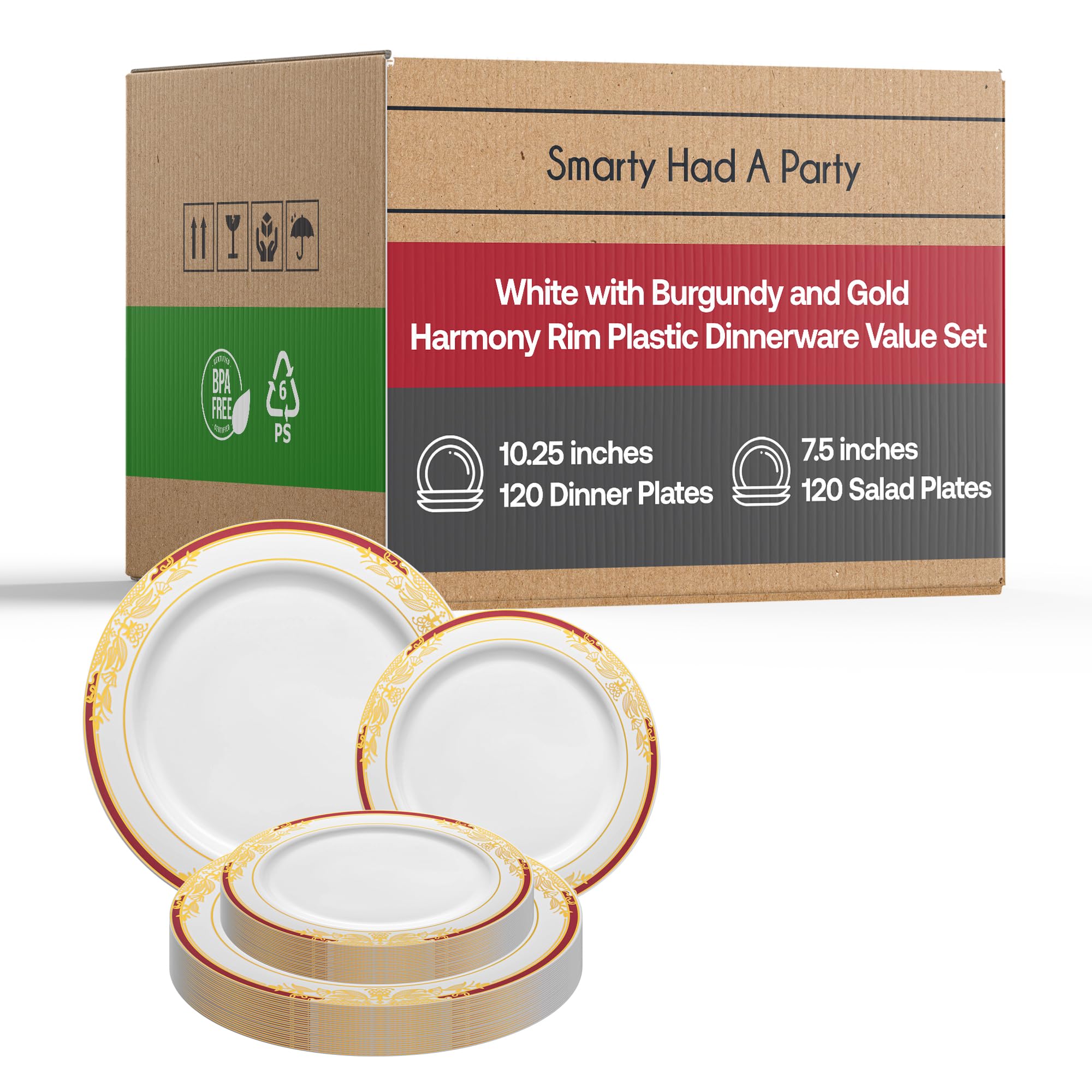 Premium Heavy Duty Disposable Plastic Dinnerware Sets - Elegant White with Burgundy & Gold Design Plates for Weddings, Birthdays, Parties & Special Events (120-Piece Combo Set) - Perfect for Catering, Banquets & Large Gatherings