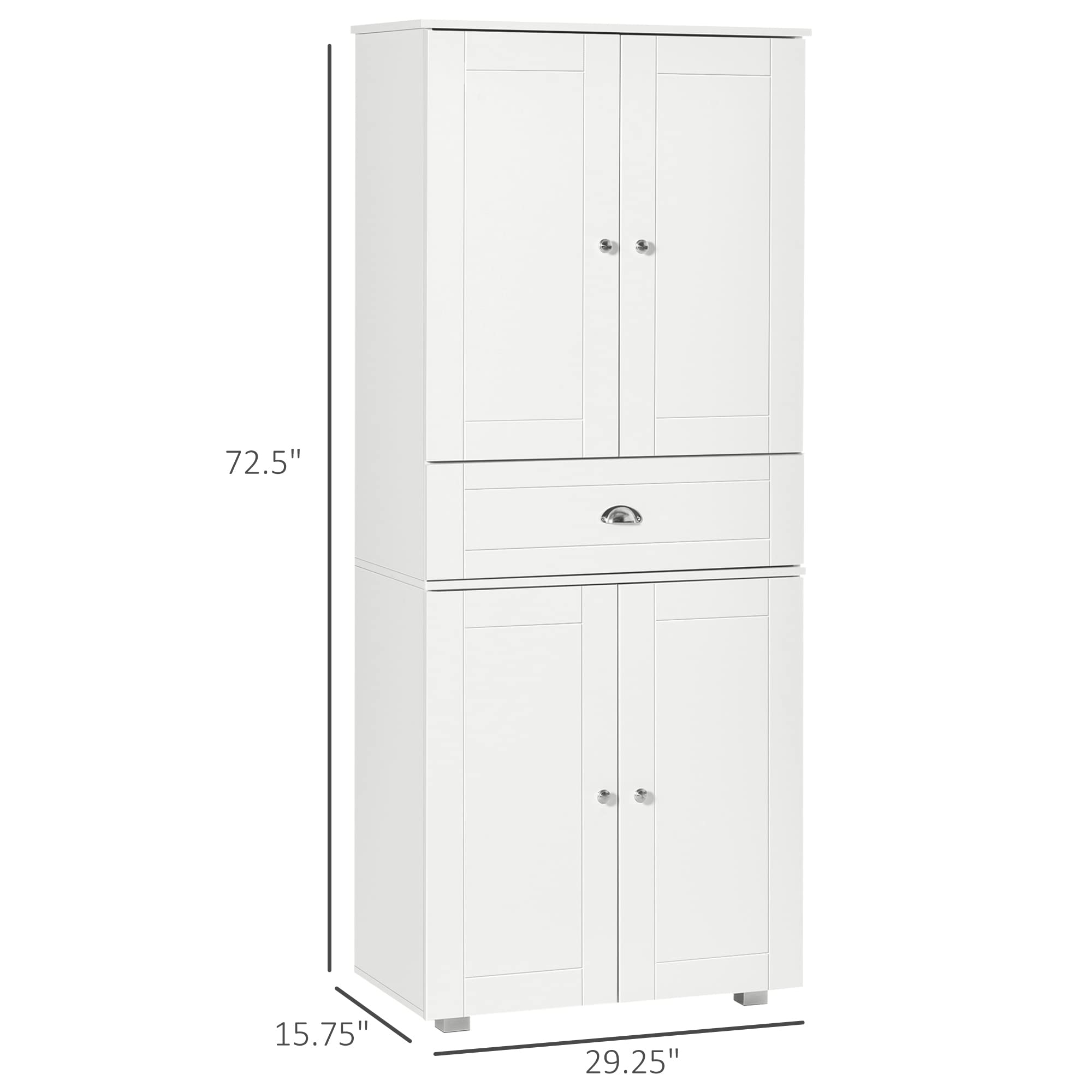 HOMCOM 72 Inch Freestanding Kitchen Pantry Cabinet with 4 Doors, Drawer & Adjustable Shelves - White Tall Storage Cabinet for Dining Room, Kitchen Organization & Home Storage Solutions