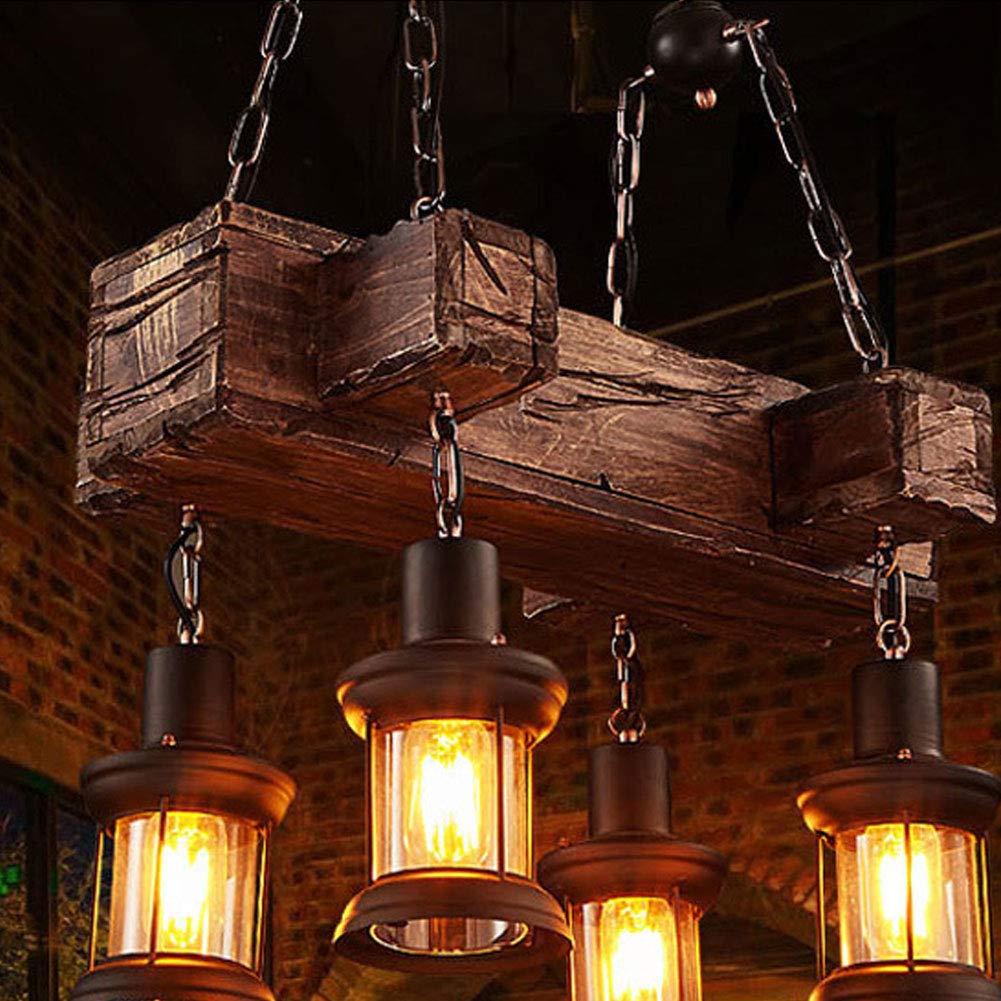BTDH 8/4 Lights Industrial Vintage Wooden Chandelier - Adjustable Hanging Pendant Light Fixture for Farmhouse, Cafe, Bar & Restaurant - Perfect for Dining Room, Kitchen Island & Commercial Spaces (4 Lights)