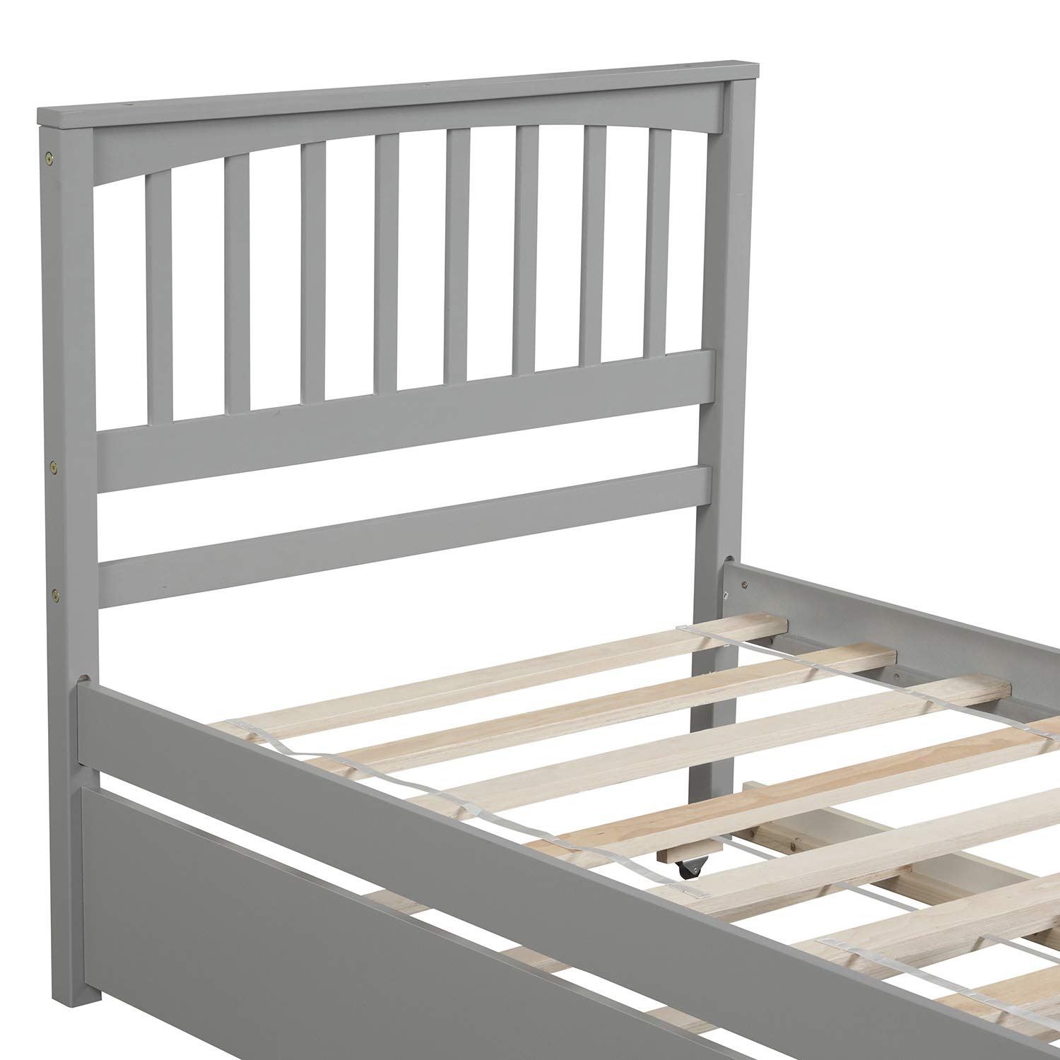 **Twin Size Solid Wood Platform Bed Frame with Trundle & Headboard - No Box Spring Needed - Grey - Perfect for Kids' Bedroom, Guest Room & Small Spaces**