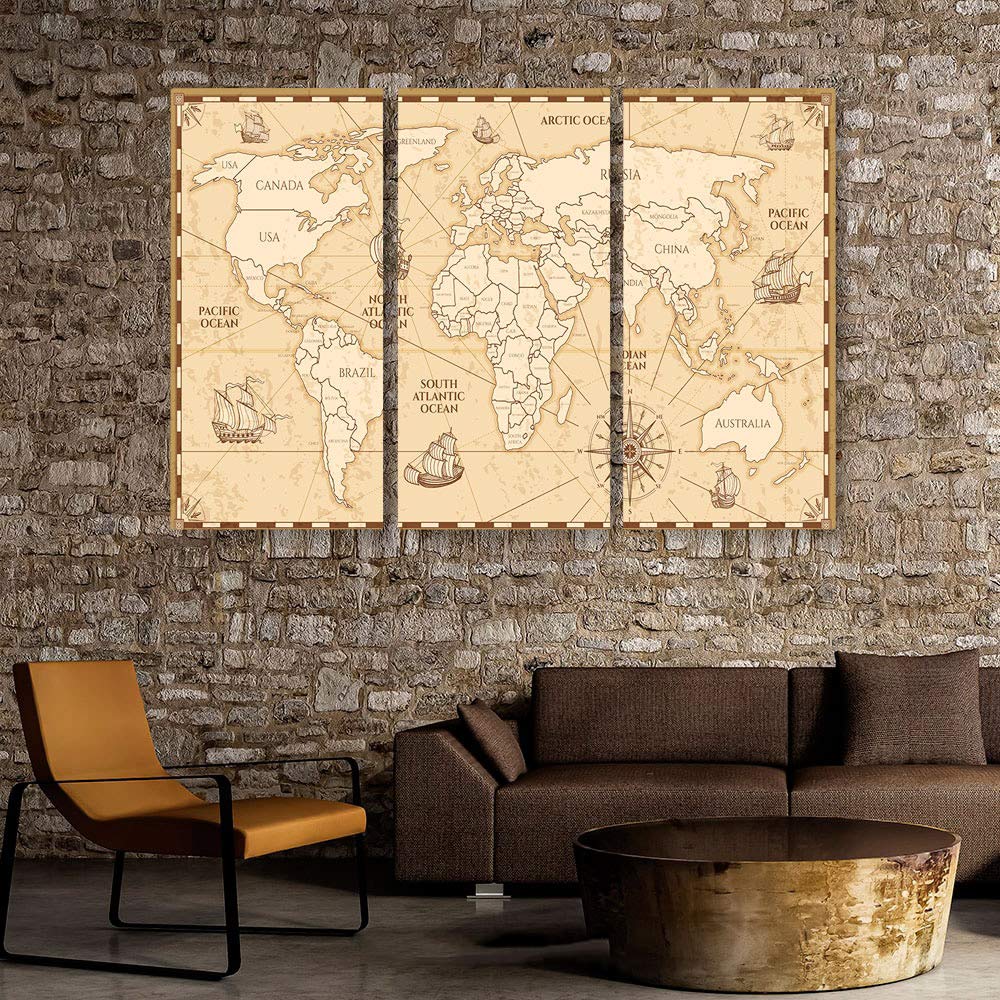 Vintage World Map Canvas Wall Art - 3 Piece Set with Compass Design, Ready to Hang | Detailed Travel Map Print for Home & Office Decor | Made in USA | Perfect for Living Room, Bedroom or Study
