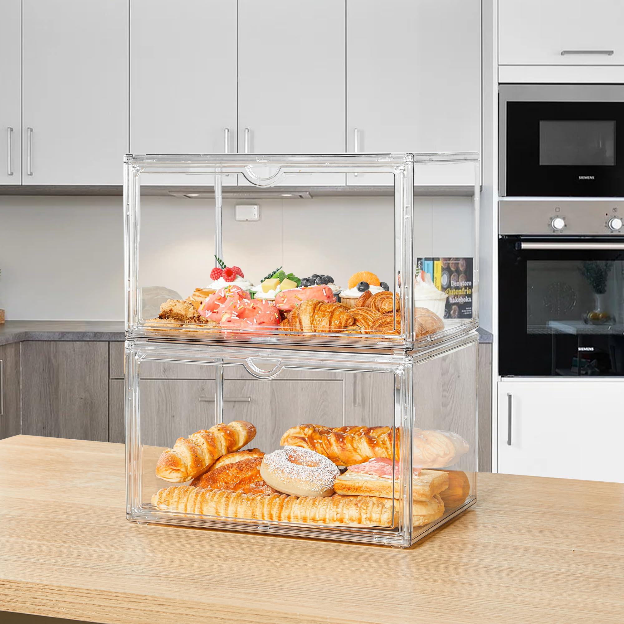 4-Piece Stackable Bread Storage Containers for Kitchen Countertop - Large Airtight Bread Box Set for Bread, Bagels, Muffins | Perfect for Bakery Display, Pantry Organization & Fresh Food Storage