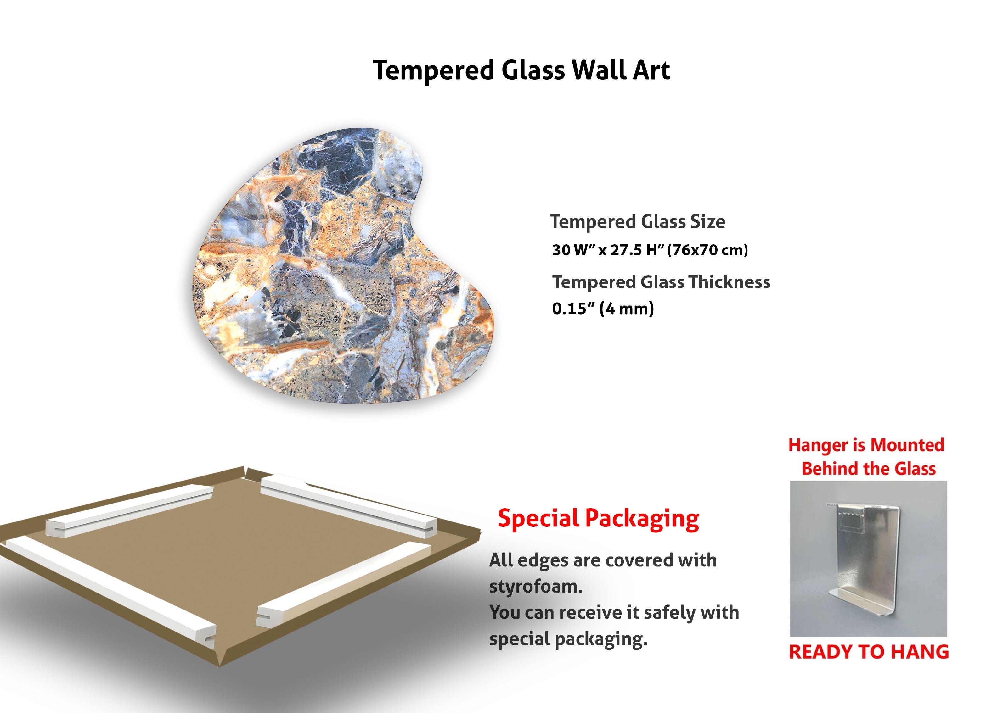 Blue Marble Style Irregular Glass Wall Art - Modern Abstract Home Decor for Living Room, Bedroom & Office