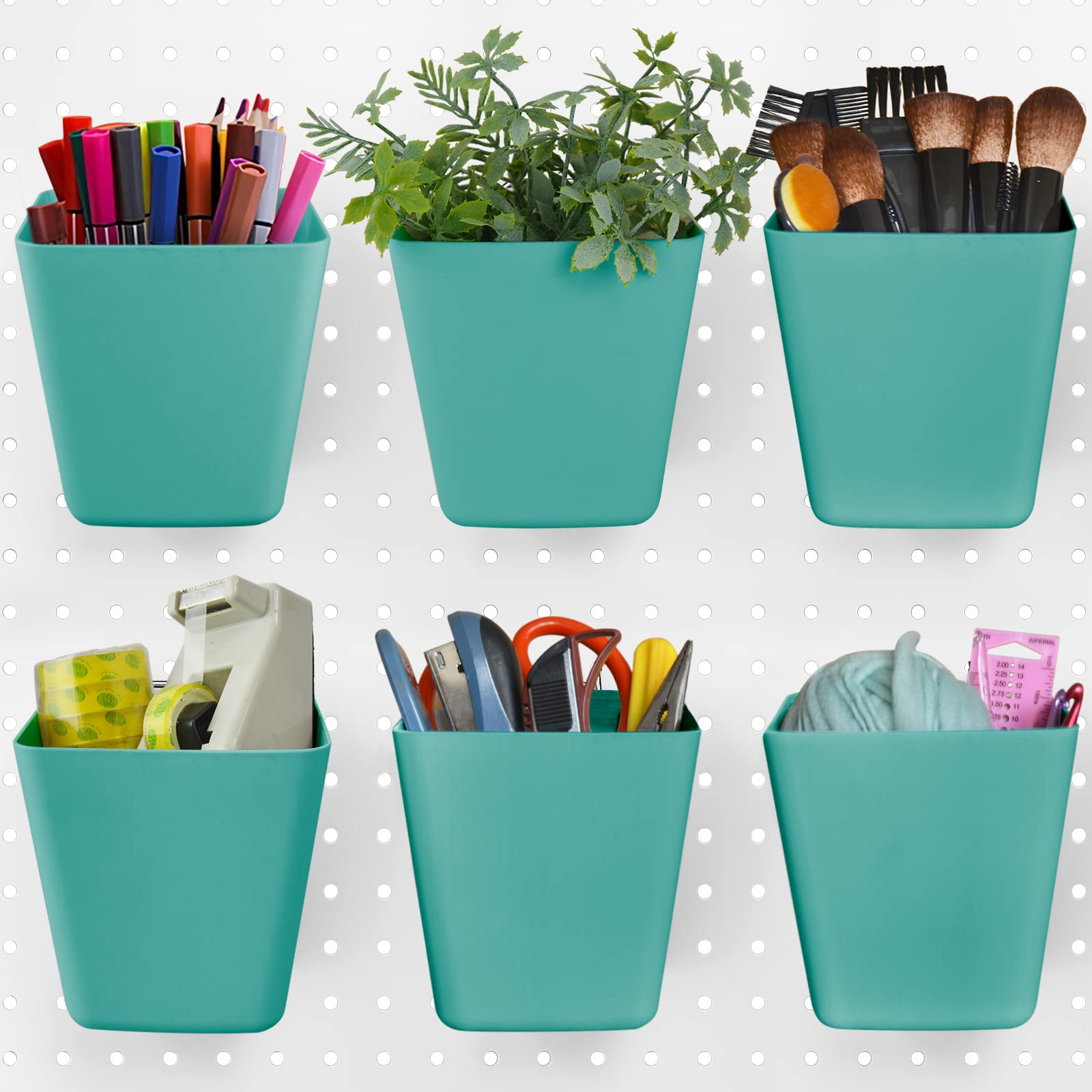 G.CORE Large Pegboard Storage Bins 6-Pack with Hooks - Square Pegboard Cup Holders for Garage, Workshop, Craft Room, Office & Kitchen Organization (Green) - Perfect for Tools, Craft Supplies & Home Organization