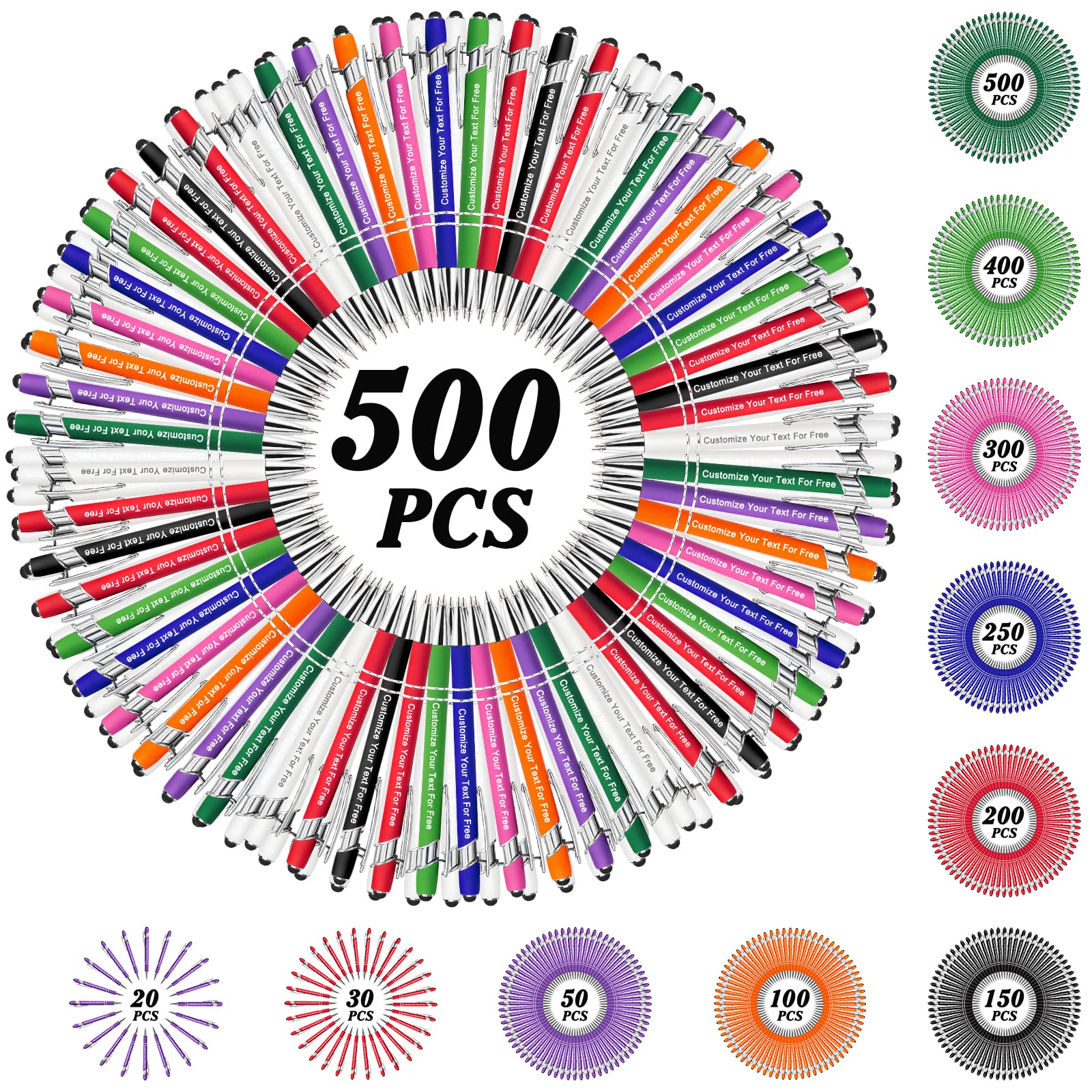 500 Pack Personalized Pens Bulk - Custom Engraved Ballpoint Pens with Stylus Tip for School, Office, Business, Graduation & Anniversaries - Free Name & Message Engraving - Ideal for Corporate Gifts, Promotions & Events