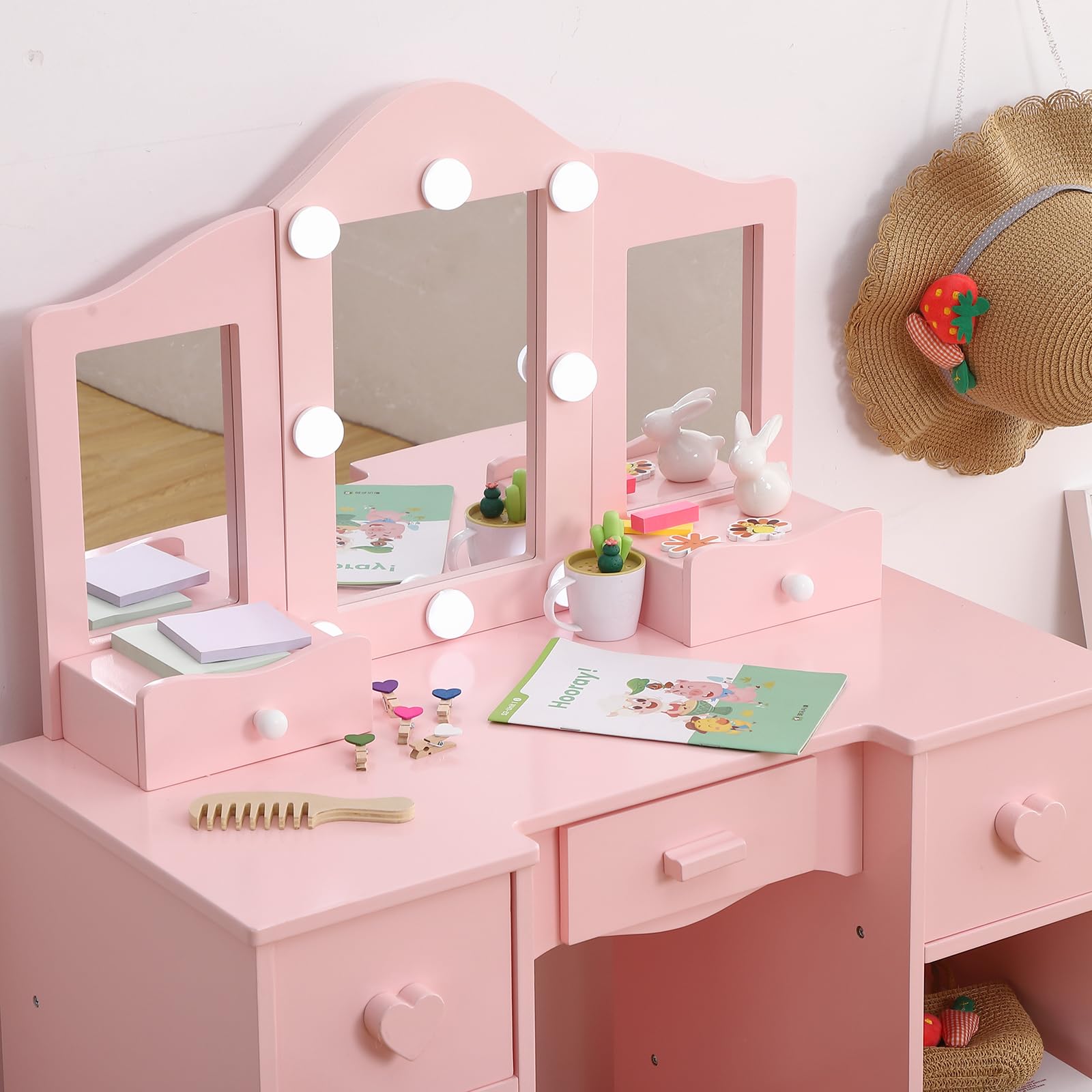GAOMON Kids Vanity Table with Tri-Folding Mirror, LED Lights, Stool & Storage Drawer - 2-in-1 Wooden Princess Makeup Desk & Dressing Table for Toddlers - Perfect for Pretend Play, Birthday Gifts & Bedroom Decor (Pink/White)