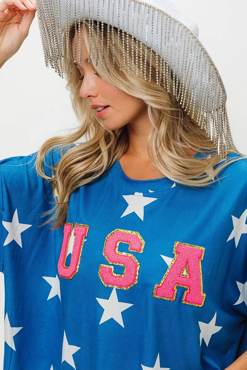 BiBi Fourth Of July Patriotic Star Knit T-Shirt - American Flag Themed Casual Top for Independence Day Celebrations & Summer Outfits