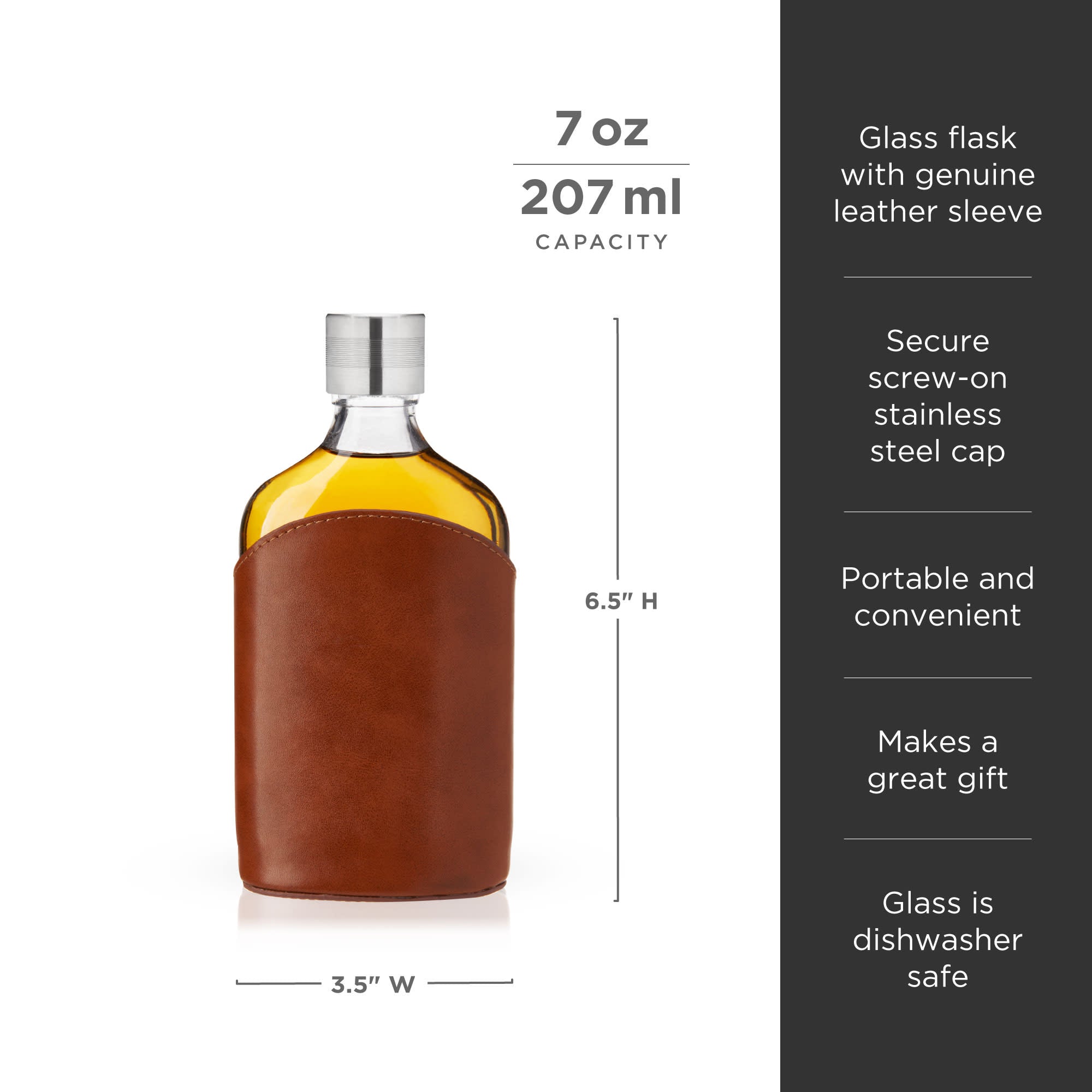 Premium Parker Leather Wrapped Glass Flask - Elegant Stainless Steel Liquor Bottle for Whiskey, Bourbon & Scotch - Perfect for Outdoor Adventures, Camping & Gifts