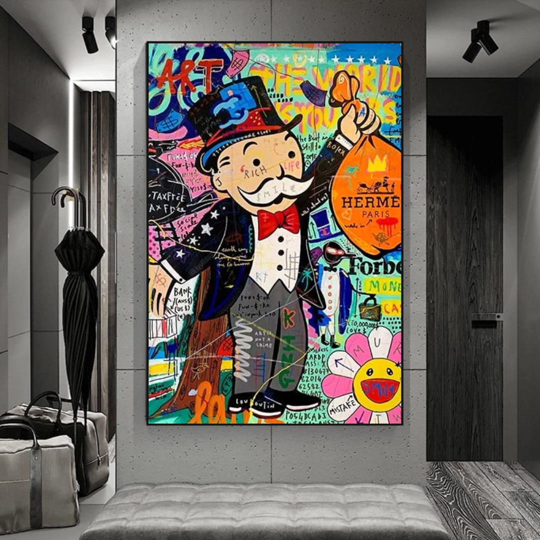 Alec Monopoly 'The World is Yours' Money Bag Canvas Wall Art - Pop Art Home Decor for Living Room, Office & Game Room