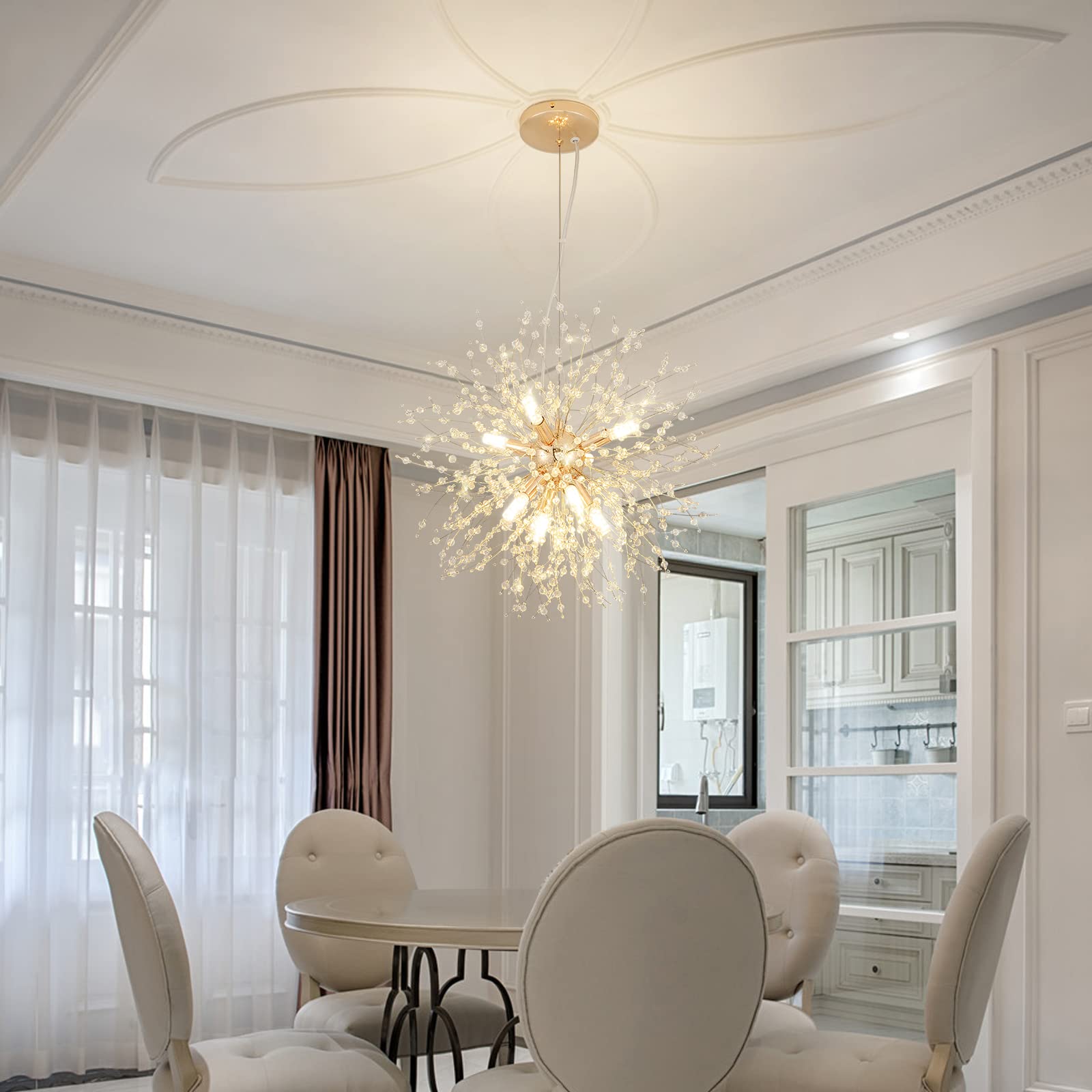 Modern Crystal Chandelier Firework - 8-Light Gold Dandelion Sputnik Ceiling Light Fixture for Bedroom, Living Room, Dining Room, Kitchen Island & Hallway - Elegant Lighting for Home Decor & Special Occasions