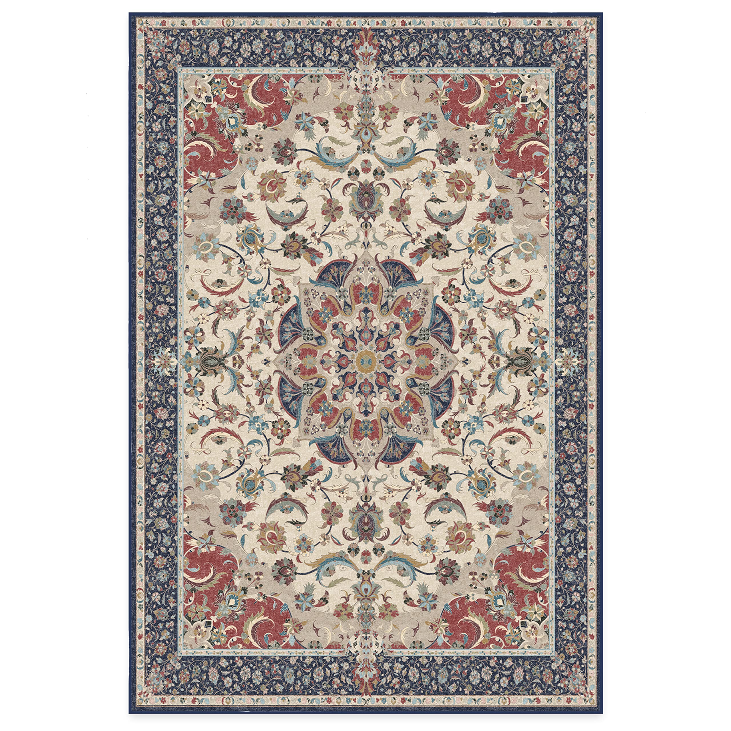 Washable 6x9 Feet Non-Slip Area Rug - Sima Royal Blue Vintage Design for Living Room, Bedroom, Kitchen | Premium Ruggable Rug with Gripper Pad | Perfect for Home, Office & Classroom Decor